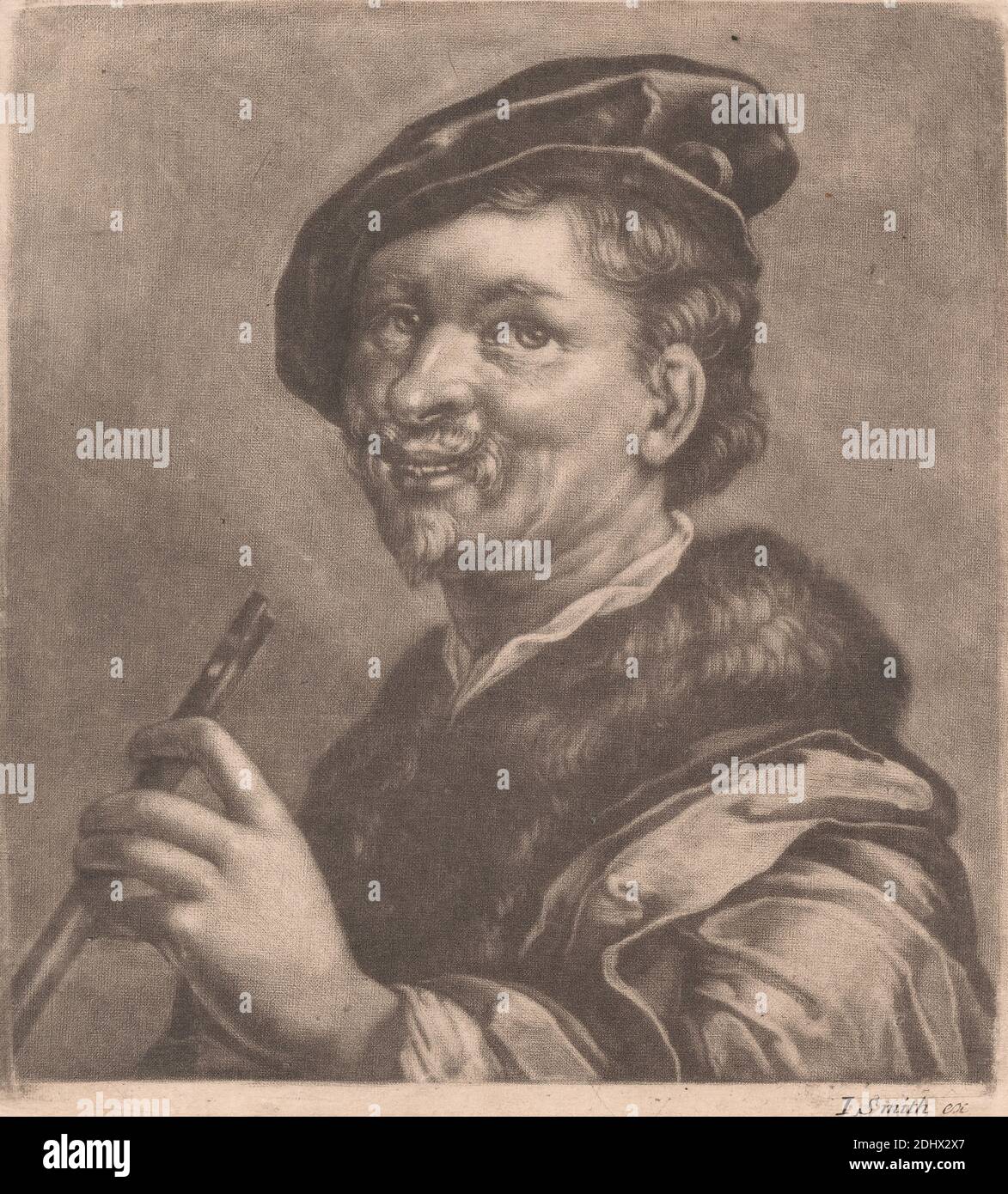 Flötenspieler, Druck von John Smith, 1652–1743, britisch, undatiert, Mezzotint auf mäßig dick, mäßig strukturiert, creme, gebeiztes Papier, Blatt: 5 9/16 × 5 1/16 Zoll (14.1 × 12.9 cm) und Bild: 5 5/16 × 4 15/16 Zoll (13.5 × 12.5 cm) Stockfoto