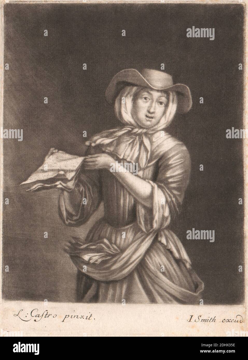 Woman Selling Music, Print made by John Smith, 1652–1743, British, after Lorenzo A. Castro, 17. Jahrhundert, undatiert, Mezzotint auf mäßig dick, mäßig strukturiert, creme, Papier gelegt, Blatt: 6 7/8 × 5 1/8 Zoll (17.5 × 13 cm) und Bild: 6 1/16 × 4 7/8 Zoll (15.4 × 12.4 cm) Stockfoto