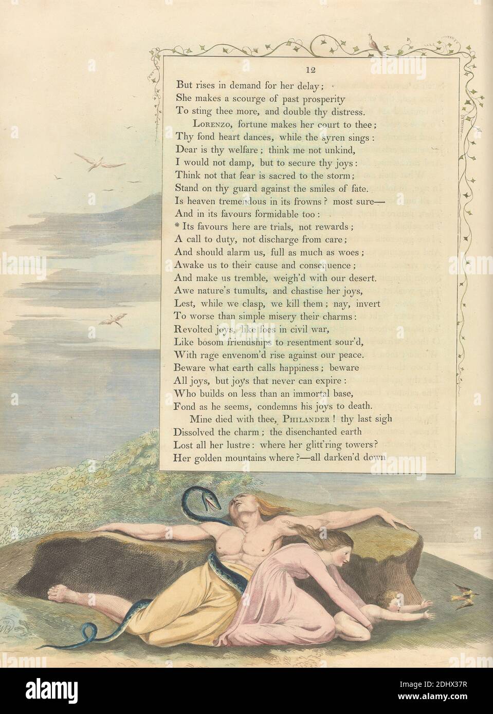 Young's Night Thoughts, Seite 12, 'seine Gefälligkeiten hier sind Prüfungen, nicht Belohnungen', Druck gemacht von William Blake, 1757–1827, British, ca. 1797, Radierung und Strichgravur mit Aquarell auf mitteldickem, leicht strukturiertem, cremefarbenem Papier, Spine: 16 3/4 Zoll (42.5 cm), Blatt: 16 1/2 x 12 3/4 Zoll (41.9 x 32.4 cm) und Platte: 15 3/4 x 12 3/4 Zoll (40 x 32.4 cm), Vögel, Kinder, Gras, Hügel, literarisches Thema, Männer, Felsen (Landformen), Schlangen, Himmel, Schlangen, Text, Reben, Frauen Stockfoto