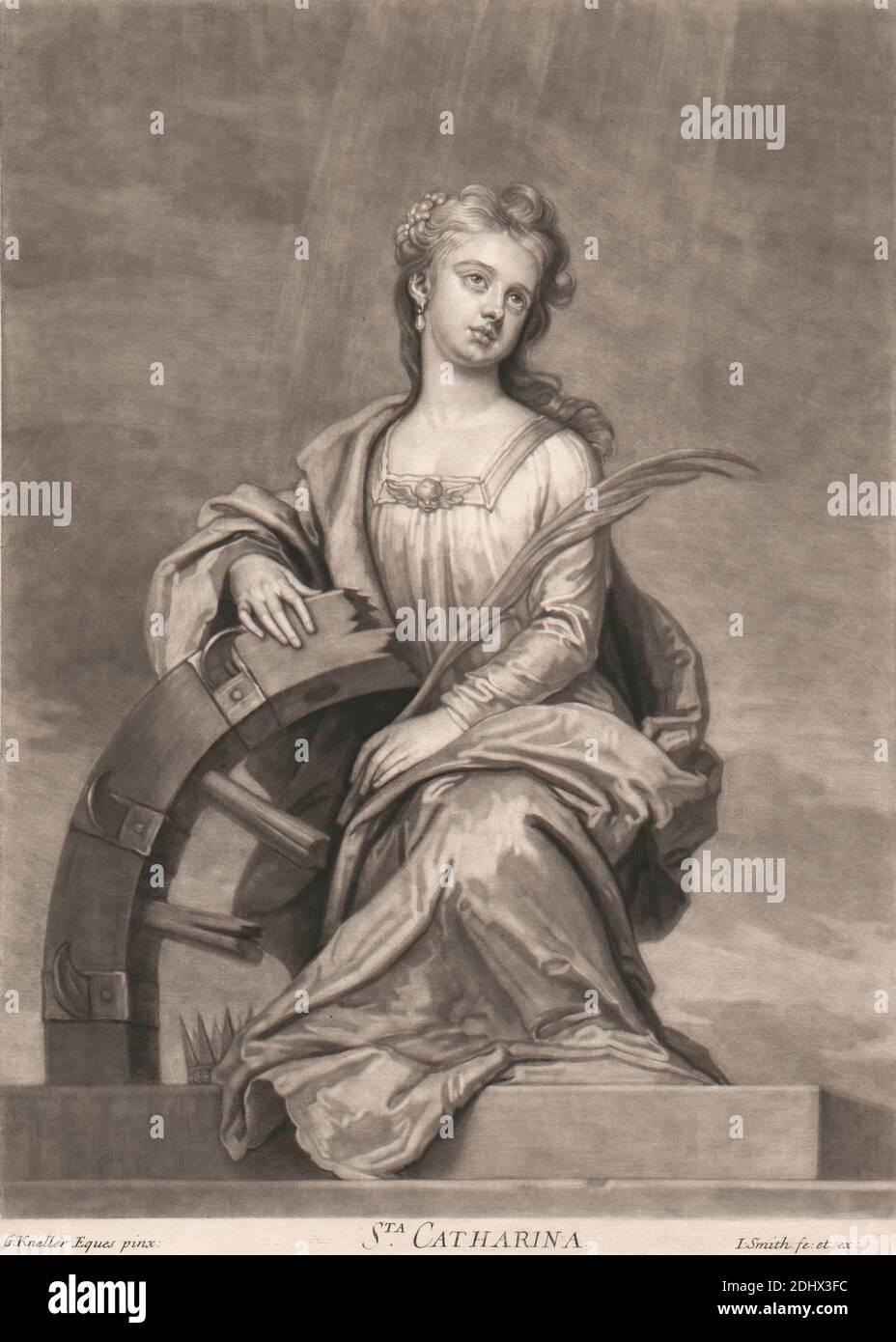 Saint Catharina, Druck von John Smith, 1652–1743, britisch, nach Sir Godfrey Kneller, 1646–1723, deutsch, in Großbritannien aktiv (ab 1676), undatiert, Mezzotint auf mäßig dick, mäßig strukturiert, creme, gestricktes Papier, Blatt: 13 5/16 × × cm (24.4 5/8 9 33.9 Zoll), Platte: 12 7/8 × 9 1/4 Zoll (32.7 × 23.5 cm), und Bild: 12 7/16 × 9 1/4 Zoll (31.6 × 23.5 cm), gebrochen, Christentum, Krone, Kleid, Ohrring, Glaube, Feder, Märtyrer, Prinzessin, religiöse und mythologische Thema, heilige, Jungfrau, Rad, Frau, Jugend Stockfoto