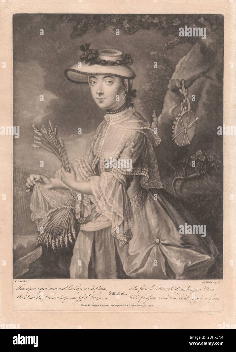 Summer, Print Made by James Watson, 1740–1790, British, after Robert Pyle, Active 1760–1768, Published by Carington Bowles, 1724–1793, British, undated, Mezzotint auf Medium, mäßig strukturiert, beige, Papier gelegt, Sheet: 15 1/2 × 11 1/4 inches (39.4 × 28.6 cm), Plate: 13 15/16 × 9 15/16 Zoll (35.4 × 25.2 cm) und Bild: 12 7/16 × 9 15/16 Zoll (31.6 × 25.2 cm Stockfoto