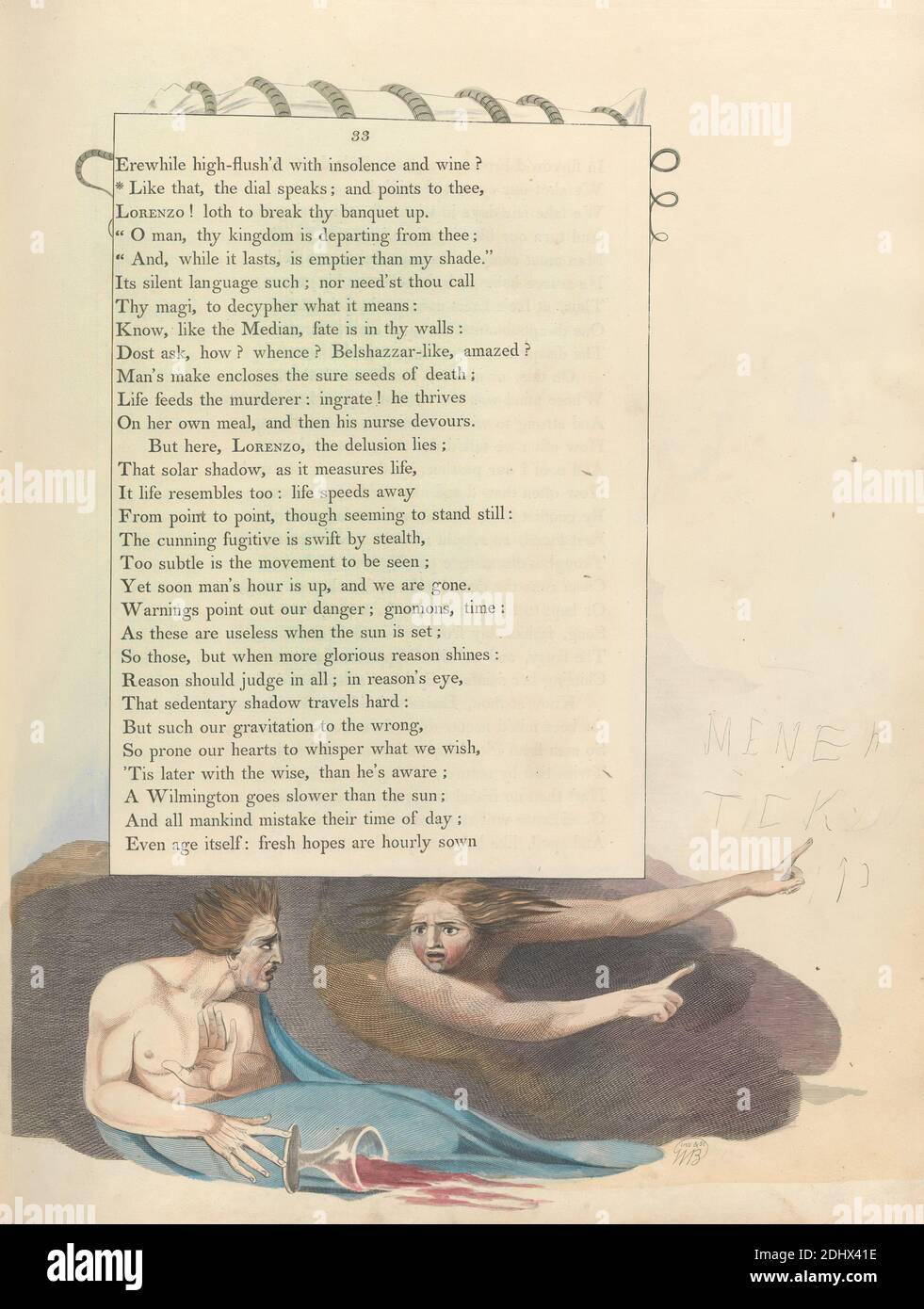 Young's Night Thoughts, Seite 33, 'so spricht das Zifferblatt; und zeigt auf dich', Druck von William Blake, 1757–1827, britisch, ca. 1797, Radierung und Strichgravur mit Aquarell auf mitteldickem, leicht strukturiertem, cremefarbenem Papier, Spine: 16 3/4 Zoll (42.5 cm), Blatt: 16 1/2 x 12 7/8 Zoll (41.9 x 32.7 cm) und Platte: 15 3/4 x 12 1/2 Zoll (40 x 31.8 cm), Betten, Tassen, tot, Tod, Essen, Becher, literarisches Thema, Männer, zeigen, liegend, Schlangen, Text, Wein Stockfoto