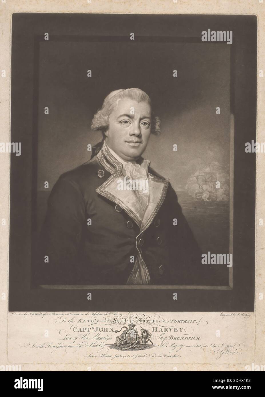 Captain John Harvey, John Murphy, c.1748–1820, britisch, nach William Stuart, aktiv 1795, 1795, Mezzotint, Blatt: 13 7/8 x 19 5/8in. (35.2 x 49,8 cm Stockfoto