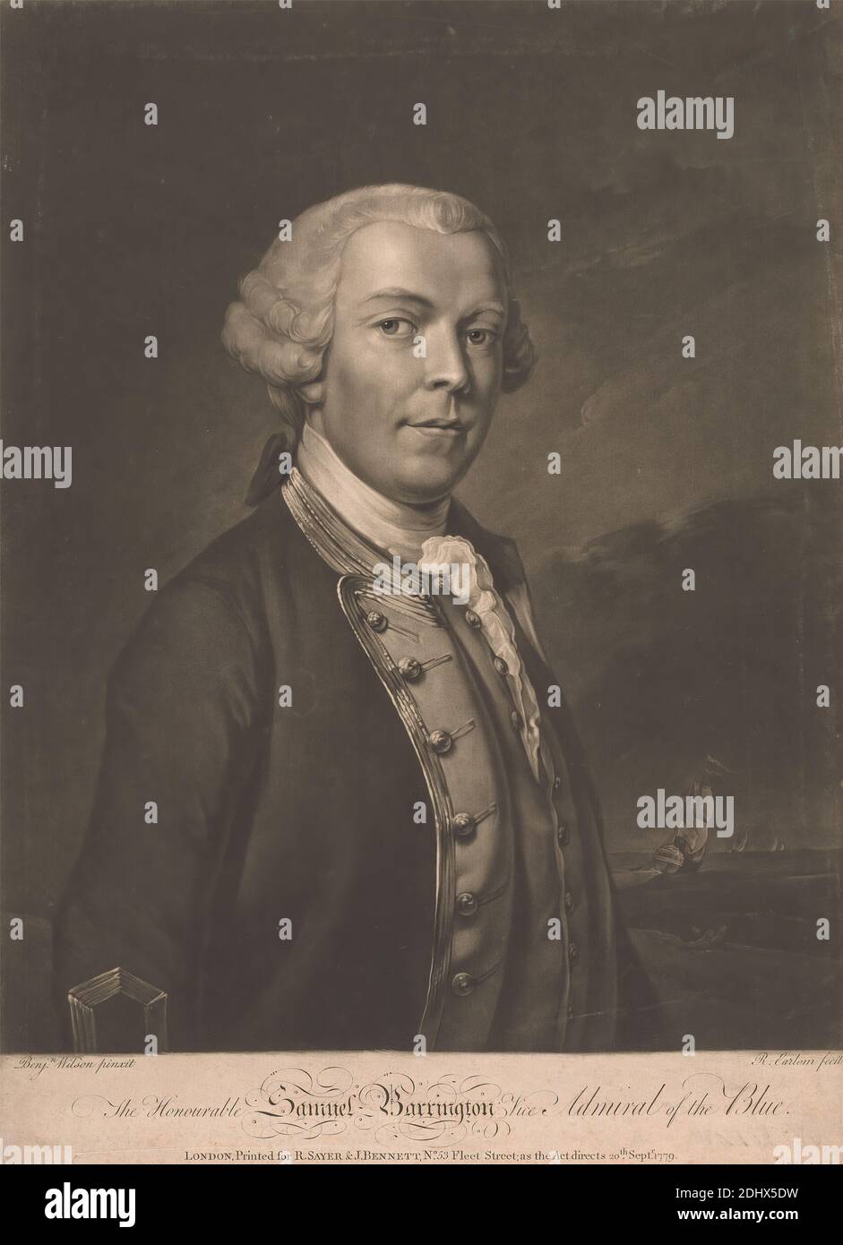 Samuel Barrington, Print Made by Richard Earlom, 1743–1822, British, after Benjamin Wilson, 1721–1788, British, Published by Robert Sayer, 1725–1794, British, 1779, Mezzotint auf Medium, schräg strukturiert, cremefarbenes Papier, Blatt: 14 7/8 × 11 inches (37.8 × 27.9 cm), Portrait Stockfoto