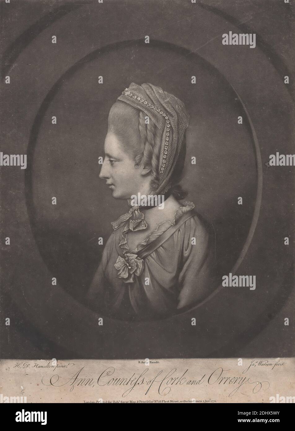 Anne, Gräfin von Cork und Orrery (d. 1785), James Watson, 1740–1790, britisch, nach Hugh Douglas Hamilton, 1739–1808, britisch, 1772, Mezzotint, Blatt: 13 1/4 x 11 Zoll (33.7 x 27,9 cm Stockfoto