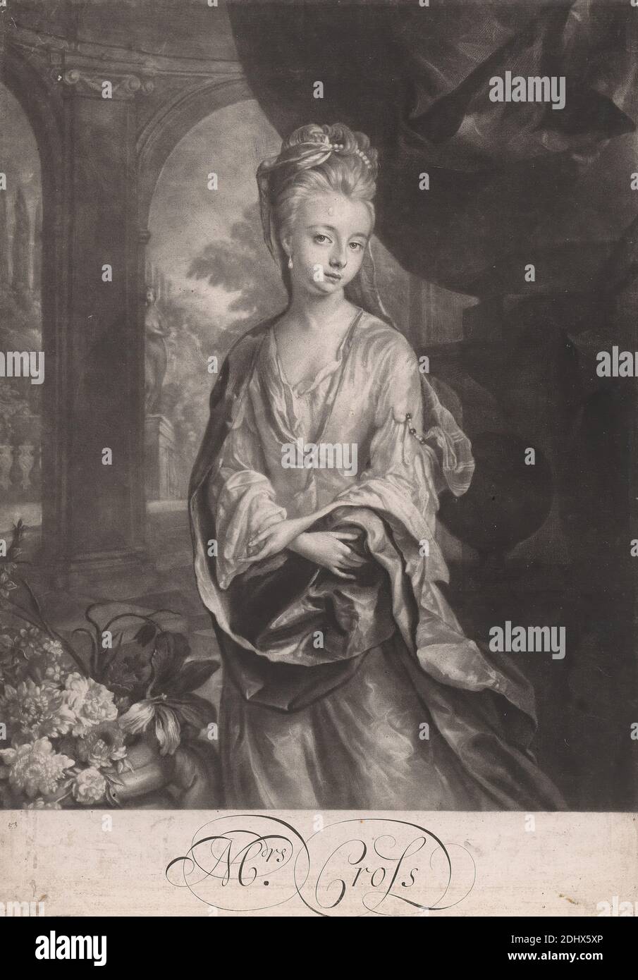 Mrs. Cross, John Smith, 1652–1743, britisch, nach Thomas Hill, 1661–1734, britisch, 1700, Mezzotint, Blatt: 12 x 9 1/2 Zoll (30.5 x 24,1 cm Stockfoto