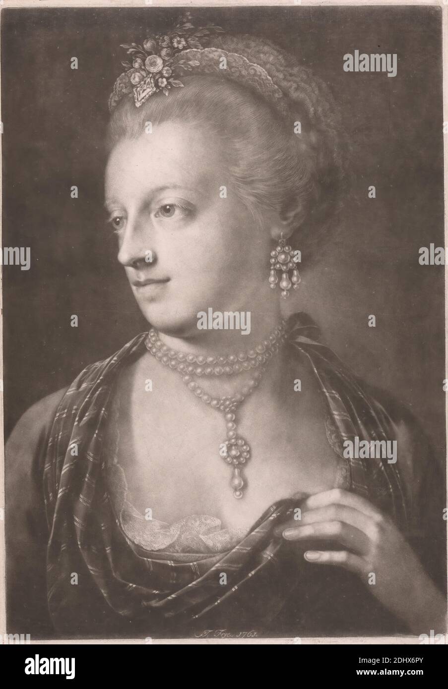 Lady, elegant geattired, Thomas Frye, 1710–1762, Irisch, nach Thomas Frye, 1710–1762, Irisch, 1761, Mezzotint, Blatt: 20 1/4 x 14 3/8 cm (51.4 x 36.5 Zoll) Stockfoto