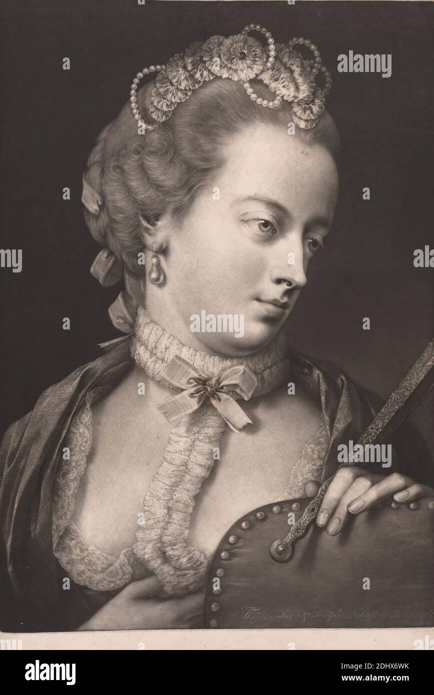 Lady elegant geattired, Thomas Frye, 1710–1762, Irisch, nach Thomas Frye, 1710–1762, Irisch, 1761, Mezzotint, Blatt: 20 5/8 x 14 cm (52.4 x 35.6 Zoll) Stockfoto