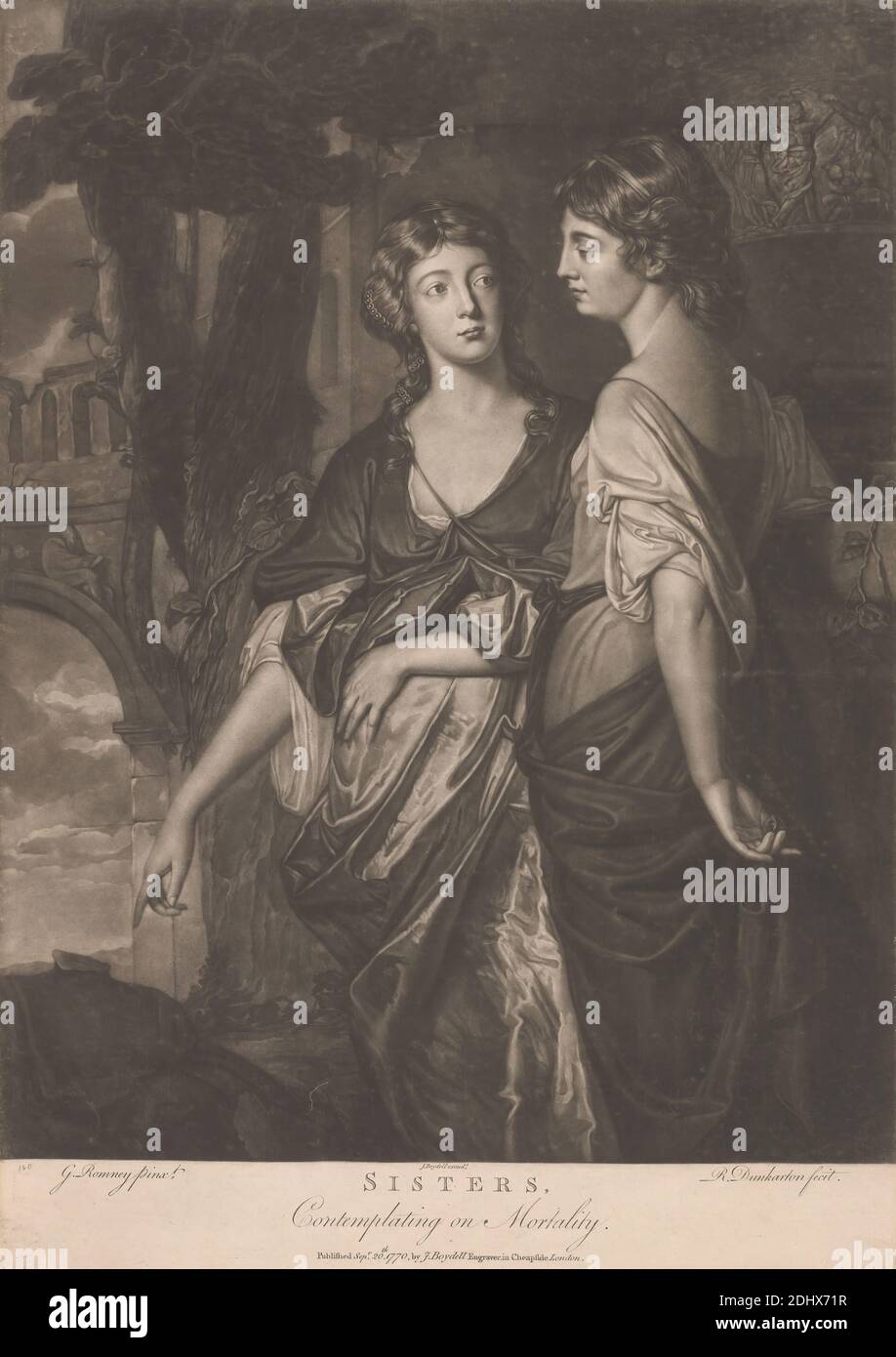 Sisters, contemplating on Mortality, Robert Dunkarton, 1744–1811, British, after George Romney, 1734–1802, British, 1770, Mezzotint, Blatt: 19 13/16 x 14 1/8in. (50.3 x 35,9 cm Stockfoto