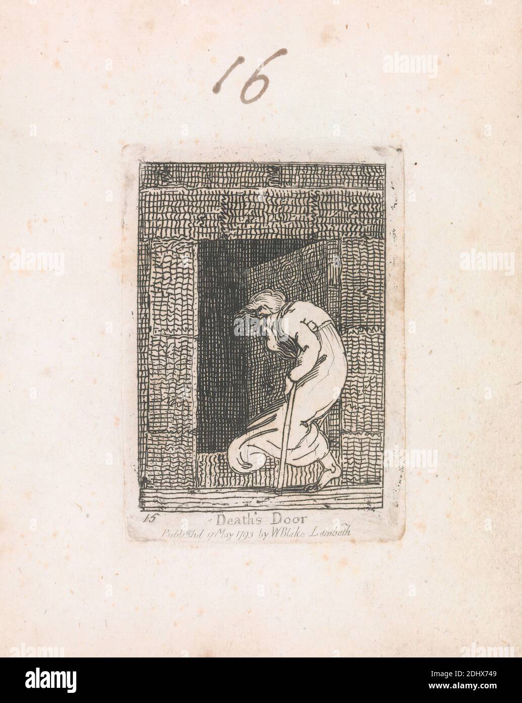 Für Kinder. The Gates of Paradise, Tafel 17, 'Death's Door', Druck von William Blake, 1757–1827, British, 1793, Radierung und Strichgravur auf mäßig dickem, leicht strukturiertem, cremefarbenem Wove-Papier, Spine: 1/2 cm (5 14 Zoll), Blatt: 3/8 x 1/2 cm (5 13.7 x 4 11.4 Zoll) und Tafel: 2 7/8 x 2 Zoll (7.3 x 5.1 cm), Bart, Stock, Krypta, Tod, Tür, Sterben, historisches Subjekt, Männer, Robe, Text, Grab Stockfoto