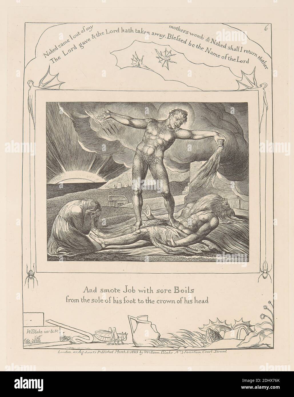 Book of Job, Platte 6, Satan smiting Job with Boils, William Blake, 1757–1827, britisch, 1825, Strichgravur auf mittlerem, leicht strukturiertem, cremefarbenem Papier, Blatt: 15 1/4 × 10 7/8 Zoll (38.7 × 27.6 cm), Platte: 8 1/2 × 6 3/4 Zoll (21.6 × 17.1 cm), Bild: 7 7/8 × 6 Zoll (20 × 15.2 cm), und Bindung: 16 Zoll (40.6 cm Stockfoto