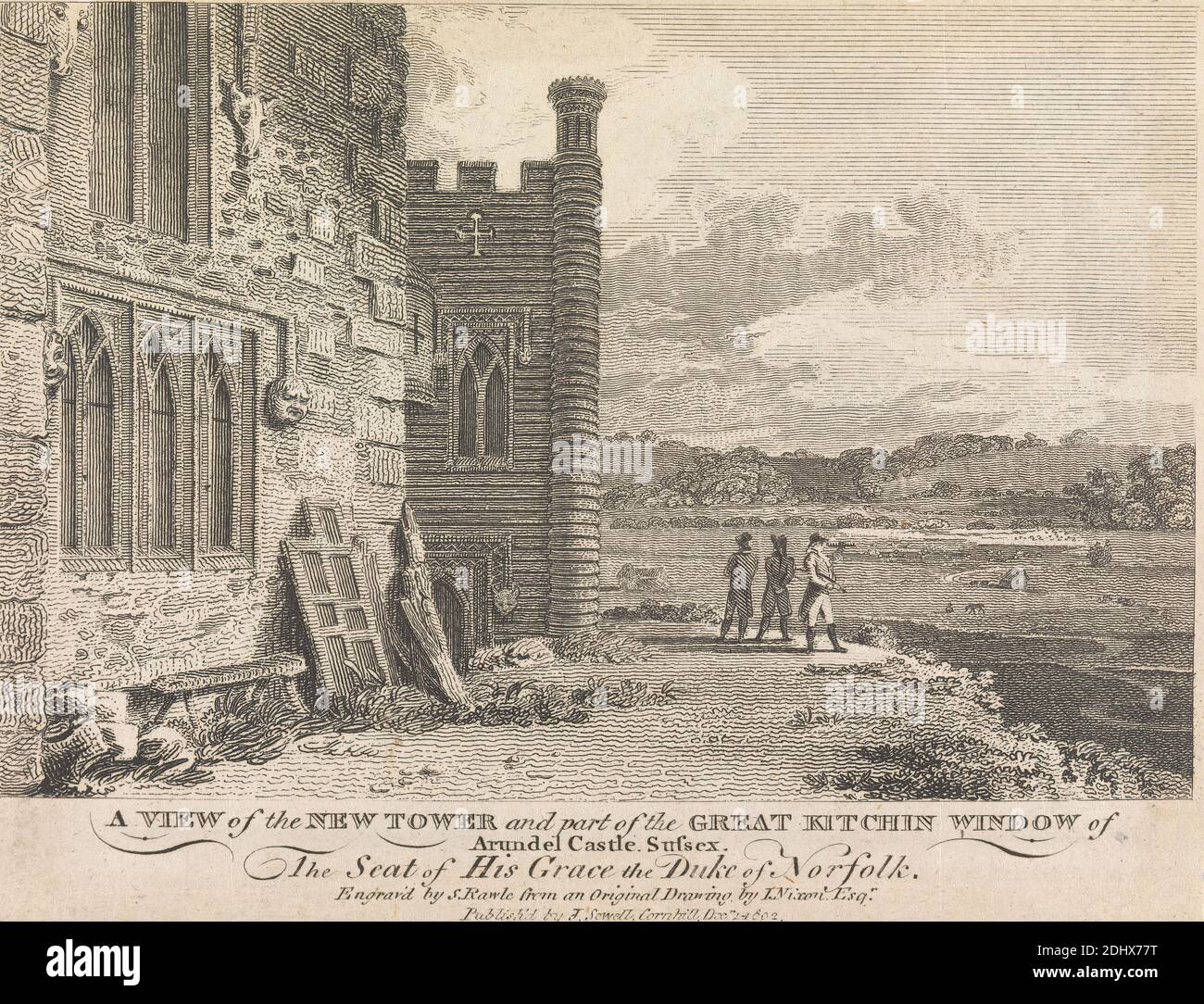 A View of the New Tower and Part of the Great Kitchin Window of Arundel Castle, Sussex (herausgegeben von J. Sewell); Seite 13 (Band 1), Samuel Rawle, 1771–1860, britisch, nach John Nixon, ca. 1760–1818, Britisch, 1802, Engraving Stockfoto