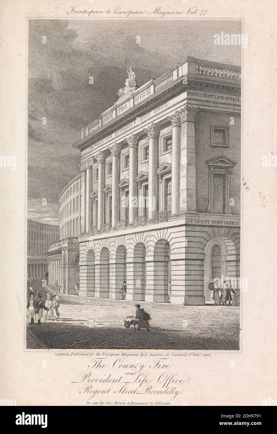 The County Fire and Provident Life Office, Regent Street, Piccadilly (veröffentlicht für das European Magazine - Frontispice, Volune 77, von J. Asperne); Seite 71 (Band 1), Samuel Rawle, 1771–1860, britisch, nach Samuel Rawle, 1771–1860, britisch, 1820 Stockfoto