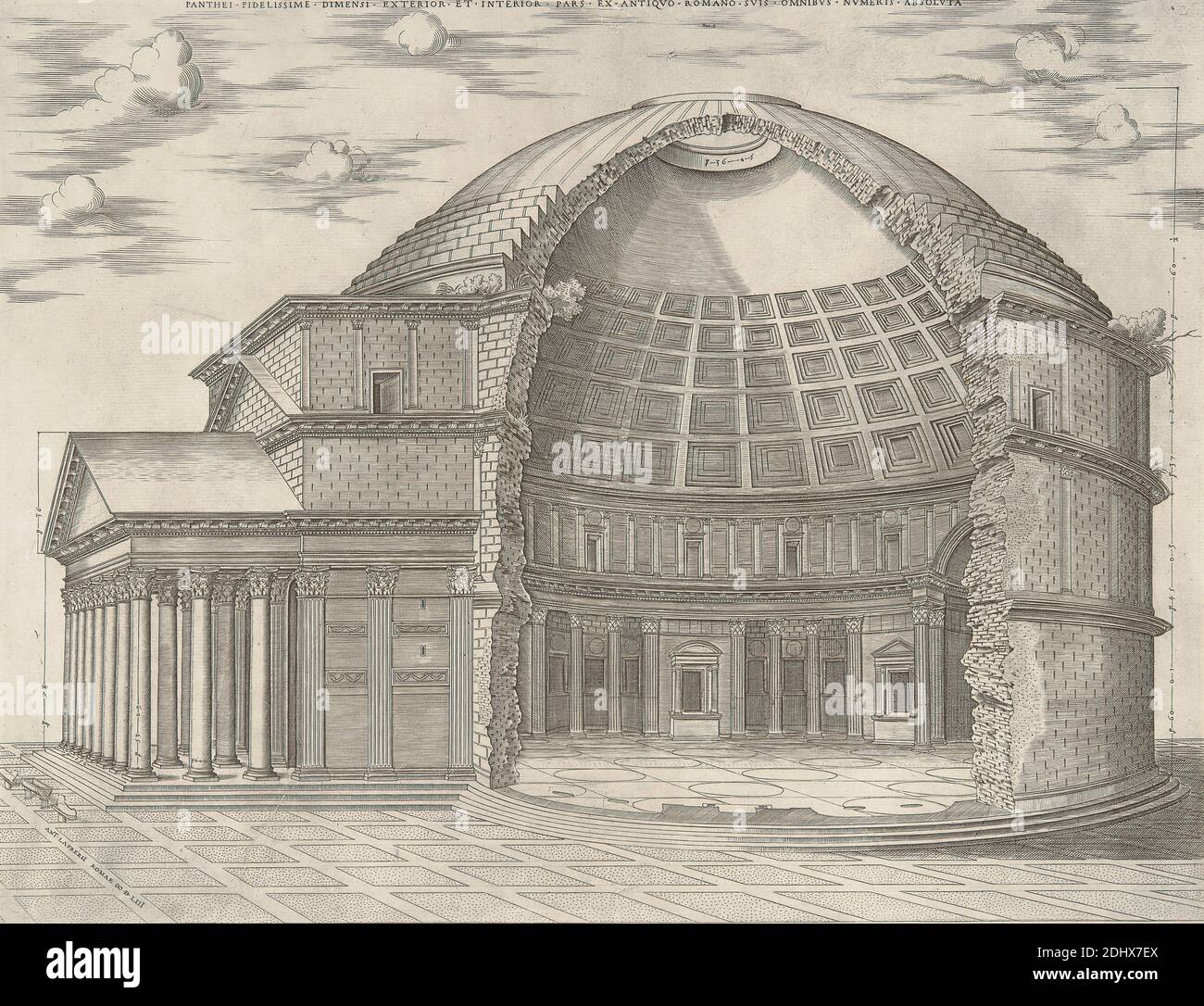 Pantheii Fidelissime Dimensi Exterior et Interior, Print made by unknown artist, Sixteenth Century, Published by Antonio Lafreri, 1512–1577, French, 1553, Radierung und Strichgravur auf dünnem, leicht strukturiertem, cremefarbenen Papier, Blatt: 14 1/8 × 18 1/2 Zoll (35.9 × 47 cm), Architekturmotiv, Kirche, Stadtbild, Querschnitt, oculus, Tempel, Europa, Italien, Latium, Pantheon (Rom), Rom Stockfoto