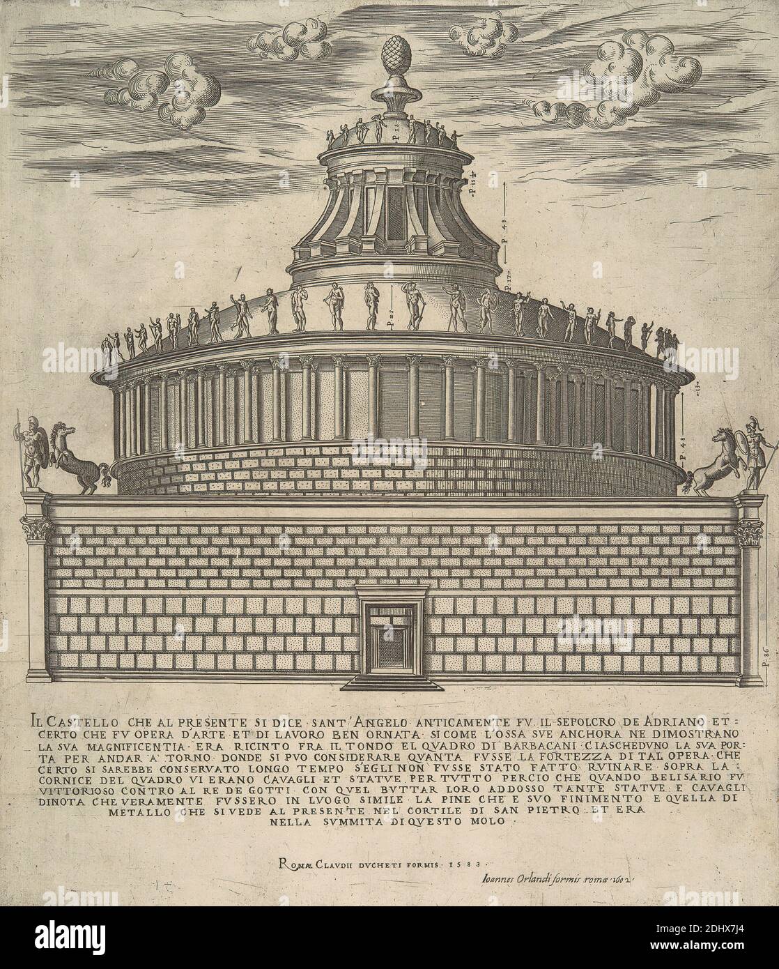 Il Castello che al Presente si Dice Sant'Angelo Anticamente Fu il Sepolcro de Adriano, Drucken von unbekanntem Künstler, sechzehnten Jahrhundert, Published by Giovanni Orlandi, Active 1590–1640, Italian, Published by Claude Duchet, did ca. 1585, Französisch, Published by Antonio Lafreri, 1512–1577, Französisch, 1583, Strichgravur auf Medium, leicht strukturiert, cremefarbenes Papier, Blatt: 17 3/8 × 15 Zoll (44.1 × 38.1 cm), Platte: 17 × 14 5/8 Zoll (43.2 × 37.1 cm), und Bild: 12 7/8 × 14 3/8 Zoll (32.7 × 36.5 cm) Stockfoto