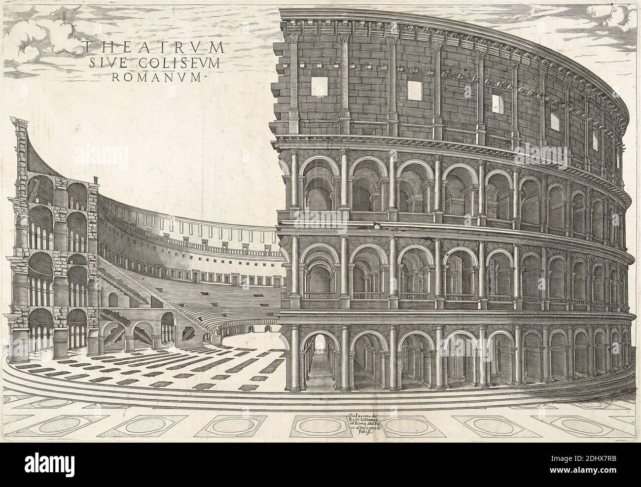 Theatrum sive Coliseum Romanum, Druck von unbekannten Künstler, sechzehnten Jahrhundert, nach Ambrogio Brambilla, aktiv ca. 1579–1599, Italienisch, Publiziert von Giovanni Giacomo de Rossi, 1627–1691, Italienisch, Publiziert von Claude Duchet, gestorben ca. 1585, Französisch, Publiziert von Nicolaus van Aelst, ca. 1527–1613, Flämisch, 1581, Strichgravur auf mittlerem, leicht strukturiertem, cremefarbenen Papier Stockfoto