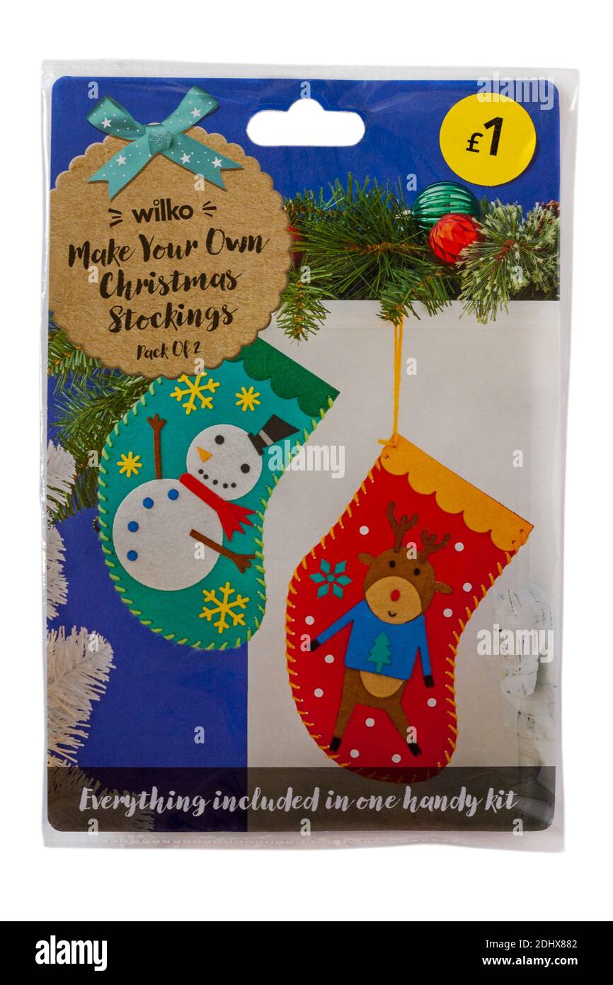 Wilko Machen Sie Ihre eigenen Weihnachtsstrümpfe isoliert auf weißem Hintergrund - alles in einem praktischen Kit enthalten Stockfoto