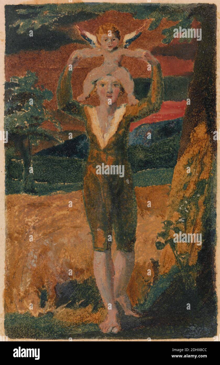 Songs of Innocence and of Experience, Platte 32, Experience Frontispice (Bentley 28), Druck von William Blake, 1757–1827, British, 1794, farblich bedruckte Reliefradierung mit Feder und Tinte und Aquarell auf mäßig dickem, leicht strukturiertem, cremefarbenem Wove-Papier, Blatt: 1/4 x 12.1 cm (7 3/4 x 4 18.4 Zoll) und Platte: 4 3/8 x 2 3/4 Zoll (11.1 x 7 cm), Engel, Zweige, Kinder, Hügel, historisches Thema, Säugling, Blatt, Männer, Bäume, Flügel Stockfoto