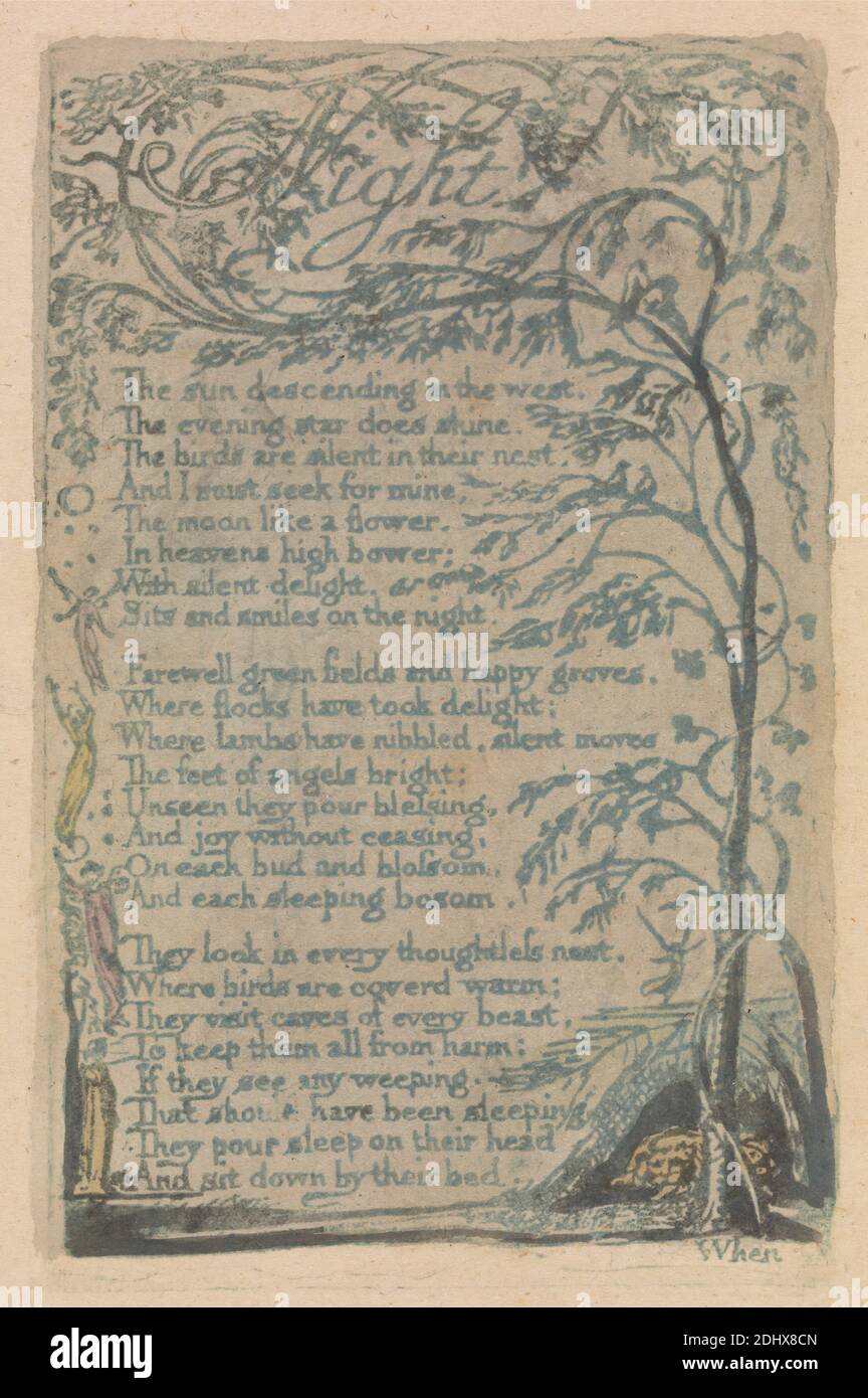 Songs of Innocence and of Experience, Platte 30, 'Night' (Bentley 20), Druck von William Blake, 1757–1827, British, 1789, Relief-Radierung in Grün mit Feder und schwarzer Tinte und Aquarell auf mäßig dickem, leicht strukturiertem, cremefarbenem Wove-Papier, Blatt: 7 1/4 x 4 3/4 Zoll (18.4 x 12.1 cm), Platte: 4 3/8 x 2 3/4 Zoll (11.1 x 7 cm) und Platte: 4 3/8 x 2 3/4 Zoll (11.1 x 7 cm), Engel, Äste, Garten, Kleider, Hügel, historisches Thema, Blatt, Text, Bäume, Vegetation, Reben, Flügel, Frauen Stockfoto
