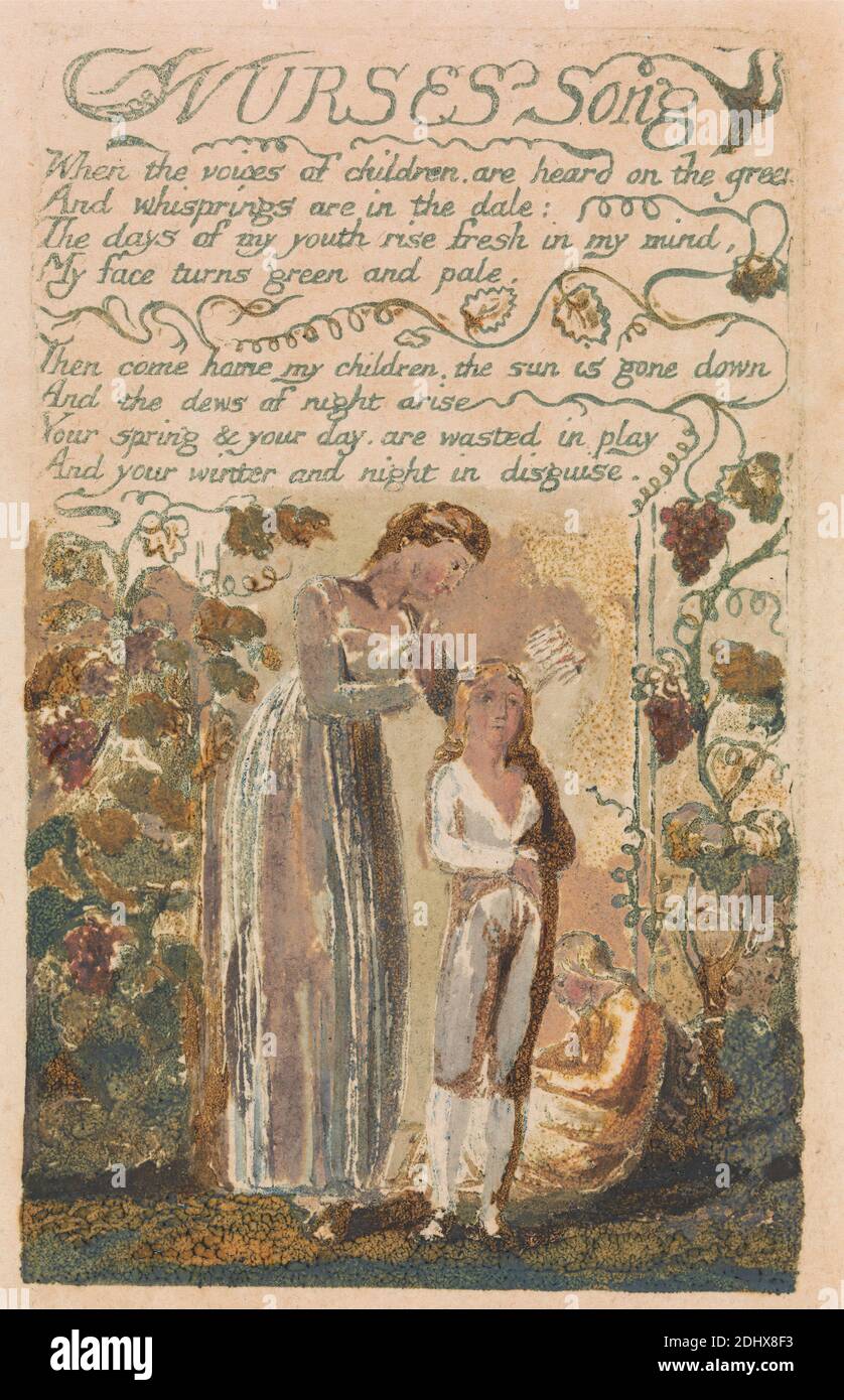 Songs of Innocence and of Experience, Platte 37, 'Nurses Song' (Bentley 38), Druck von William Blake, 1757–1827, British, 1794, farblich bedruckte Reliefradierung mit Feder und Tinte und Aquarell auf mäßig dickem, leicht strukturiertem, cremefarbenem Wove-Papier, Blatt: 1/4 x 3/4 cm (7 18.4 x 4 12.1 Zoll) und Platte: 4 1/2 x 2 3/4 Zoll (11.4 x 7 cm), Kamm, Obst, Trauben, historisches Thema, Männer, Mutter, Text, Vegetation, Reben, Weinberg, Frauen Stockfoto