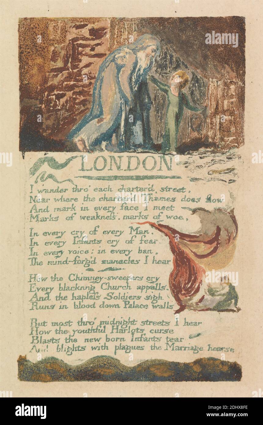 Songs of Innocence and of Experience, Platte 39, 'London' (Bentley 46), Druck von William Blake, 1757–1827, British, 1794, Farbdruck-Relief-Radierung mit Aquarell auf mäßig dickem, leicht strukturiertem, cremefarbenem Wove-Papier, Blatt: 1/4 x 3/4 cm (7 18.4 x 4 12.1 Zoll) und Platte: 4 3/8 x 2 3/4 Zoll (11.1 x 7 cm), Stock, Kinder, Feuer, historisches Thema, Haus, Männer, Stein, Text, Reben Stockfoto