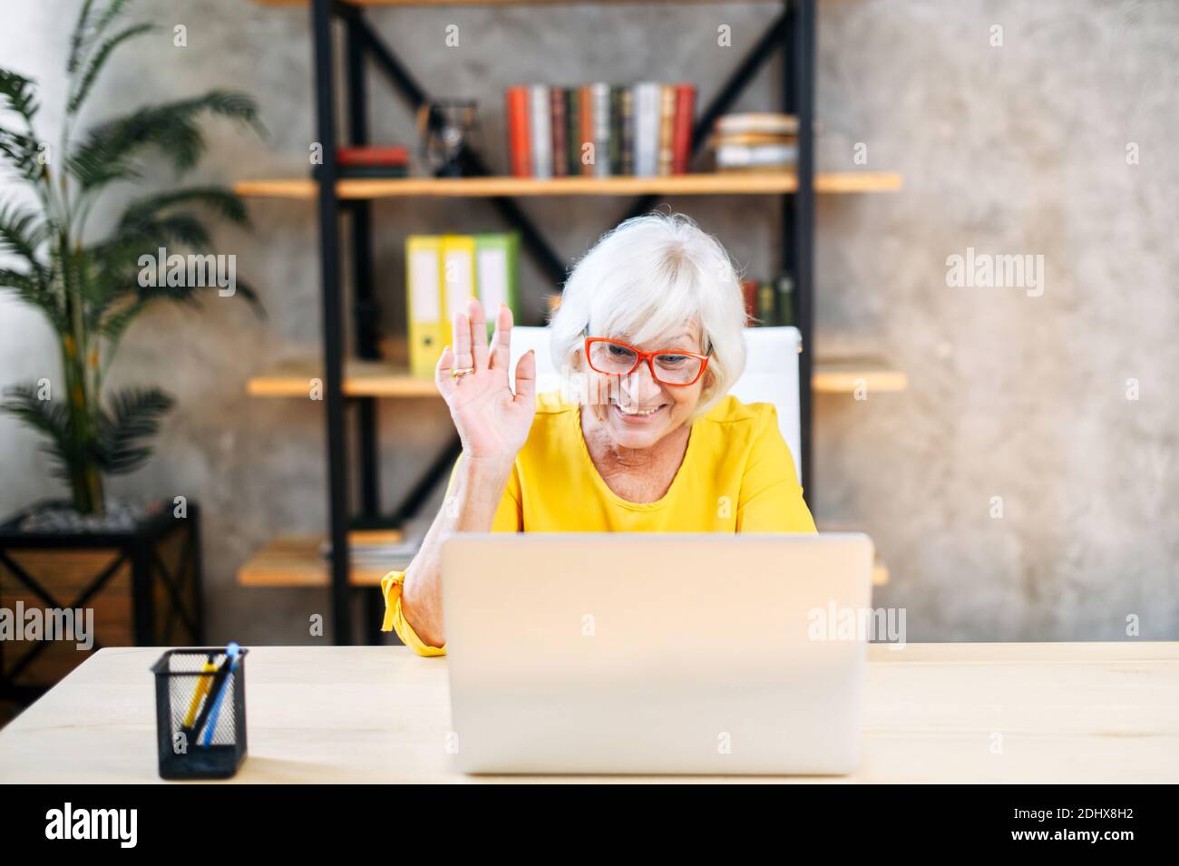 Ältere Frau verwendet Laptop für Videoanrufe Stockfoto