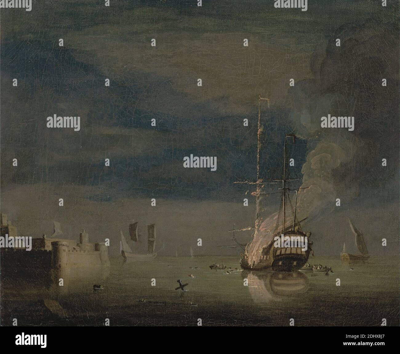 A Two-Decker on Fire at Night off a Fort, Charles Brooking, 1723–1759, British, ca. 1740, Öl auf Leinwand, Unterstützung (PTG): 9 5/8 x 11 7/8 Zoll (24.4 x 30.2 cm), Boote, Briggs, Schloss, Feuer, Flammen, Fort, Rettungsboote, Meereskunst, Nacht, Meer, Menschen, Meer, Seesicht, Schiffe, Schiffswrack, Rauch Stockfoto