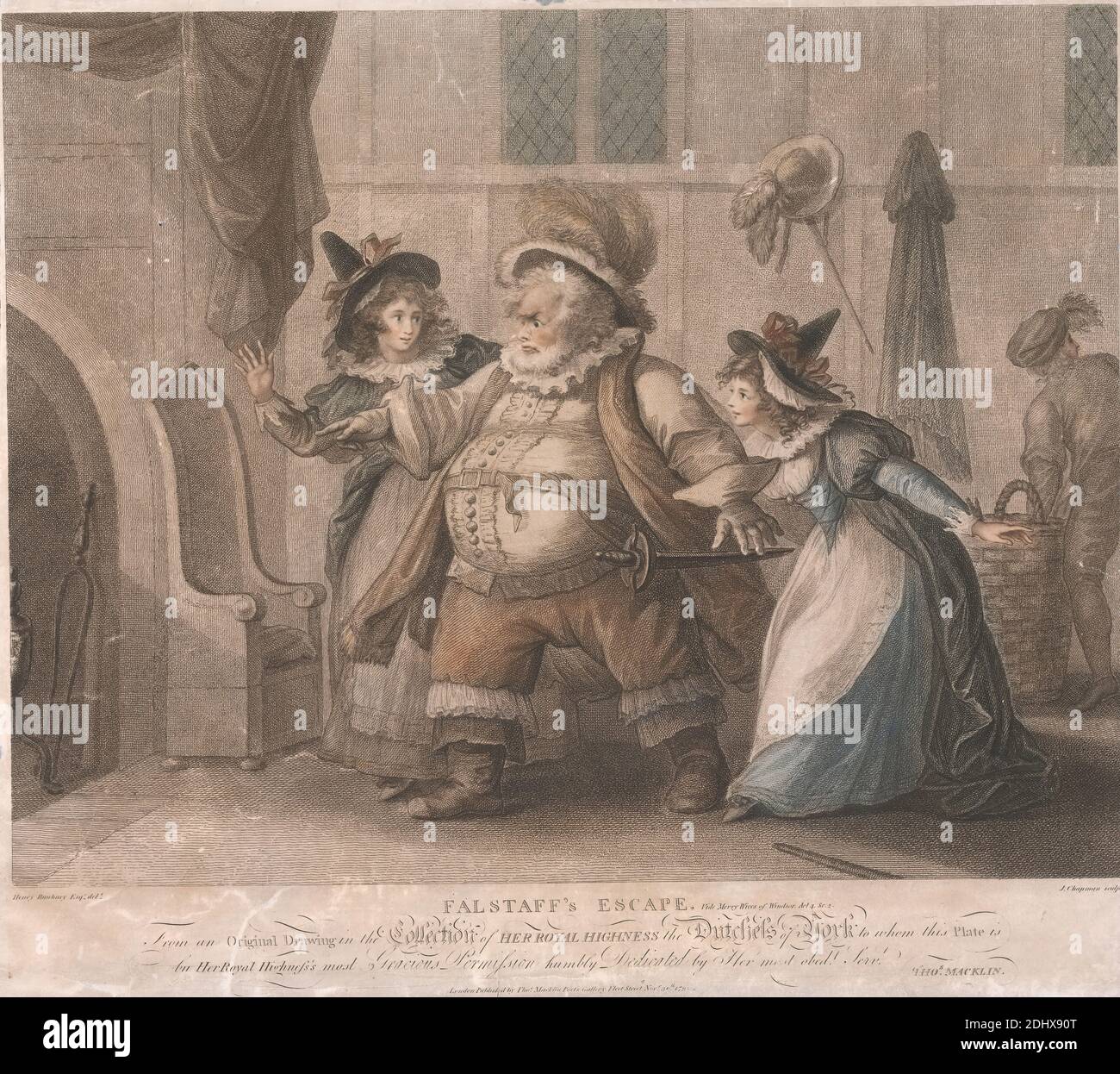 Falstaff's Escape - 'The Merry Wives of Windsor', Akt IV, Szene II, John Chapman, aktiv ca. 1792–1823, britisch, nach Henry William Bunbury, 1750–1811, britisch, 1792, Gravur und Stipple, Blatt: 17 x 20 Zoll (43.2 x 50,8 cm Stockfoto
