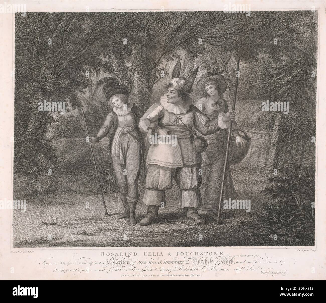 Rosalind, Celia und Touchstone - 'As You Like IT', Akt II, Szene III, John Chapman, aktiv ca. 1792–1823, britisch, nach Henry William Bunbury, 1750–1811, britisch, 1792, Gravur und Stippelstich, Blatt: 16 3/8 x 19 (41.6 x 48,6 cm Stockfoto