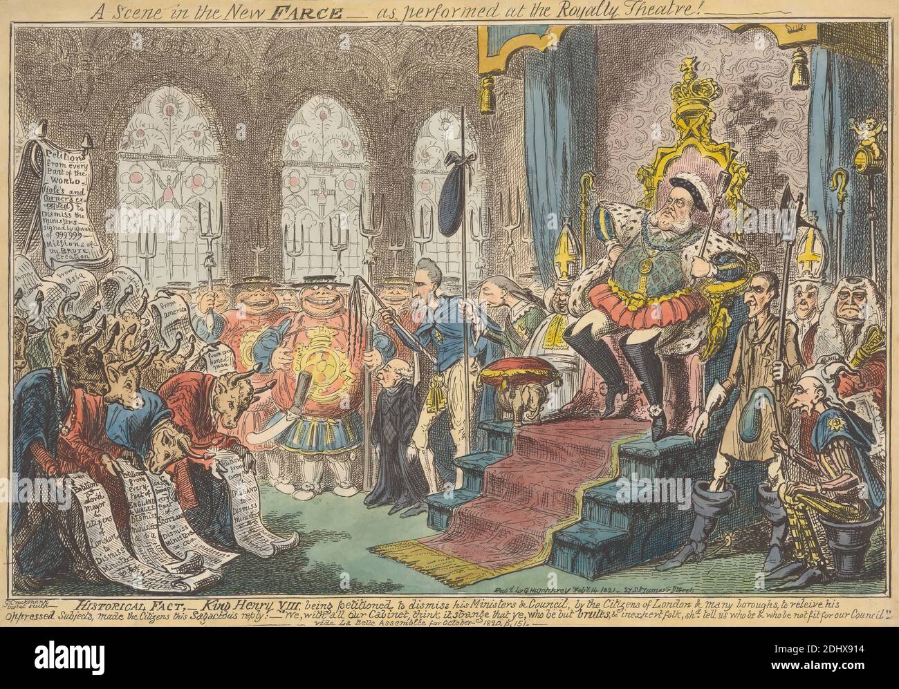 A Scene in the New Farce - As performed at the Royalty Theatre!, Print made by George Cruikshank, 1792–1878, British, Published by George Humphrey, ca. 1773–ca. 1831, britisch, 1821, Radierung, handgefärbt auf mäßig dickem, leicht strukturiertem beigefarbenem Papier, Blatt: 1/2 x 34.6 cm (9 13 5/8 x 24.2 Zoll) und Bild: 8 9/16 x 13 1/8 Zoll (21.7 x 33.3 cm), Tiere, Äxte, Bischöfe, Verbeugung, Bruten, Stiere, Karikatur, Kanzler, Bürgerbeteiligung, Gericht, Elefant (Tier), historisches Thema, Hacken, Hörner, Narr, König, Minister, fettleibig, Papiere, Petitionen, Satire, Soldaten, Thron, Stadt Stockfoto