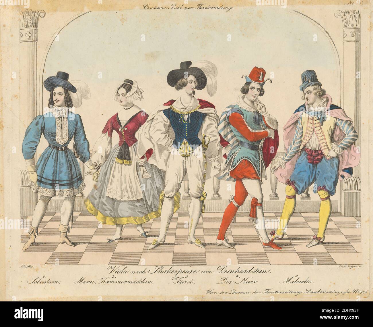 Viola nach Shakespeare von Deinhardstein - Costume Bild zur Theaterzeitung, Andreas Geiger, 1765–1856, österreichisch, undatiert, Radierung mit Aquarell auf mäßig dickem, leicht strukturiertem, cremefarbenem Wove-Papier, Blatt: 9 7/16 x 12 1/16 Zoll (24 x 30.6 cm), Teller: 8 15/16 x 10 9/16 Zoll (22.7 x 26.8 cm), und Bild: 7 11/16 x 10 1/16 Zoll (19.5 x 25.5 cm), Schauspieler, Schürze, Stiefel, Hosen, Umhang, Säulen, Kostüm, Doppelte, Federn, Strumpfhosen, Hüte, Narr, Spitze, literarisches Thema, Männer, Schnurrbärte, Theaterstücke von William Shakespeare, Posen, Prinz, Streifen, Quasten, Strumpfhosen, Fliesen, Samt, Westen, Frau Stockfoto