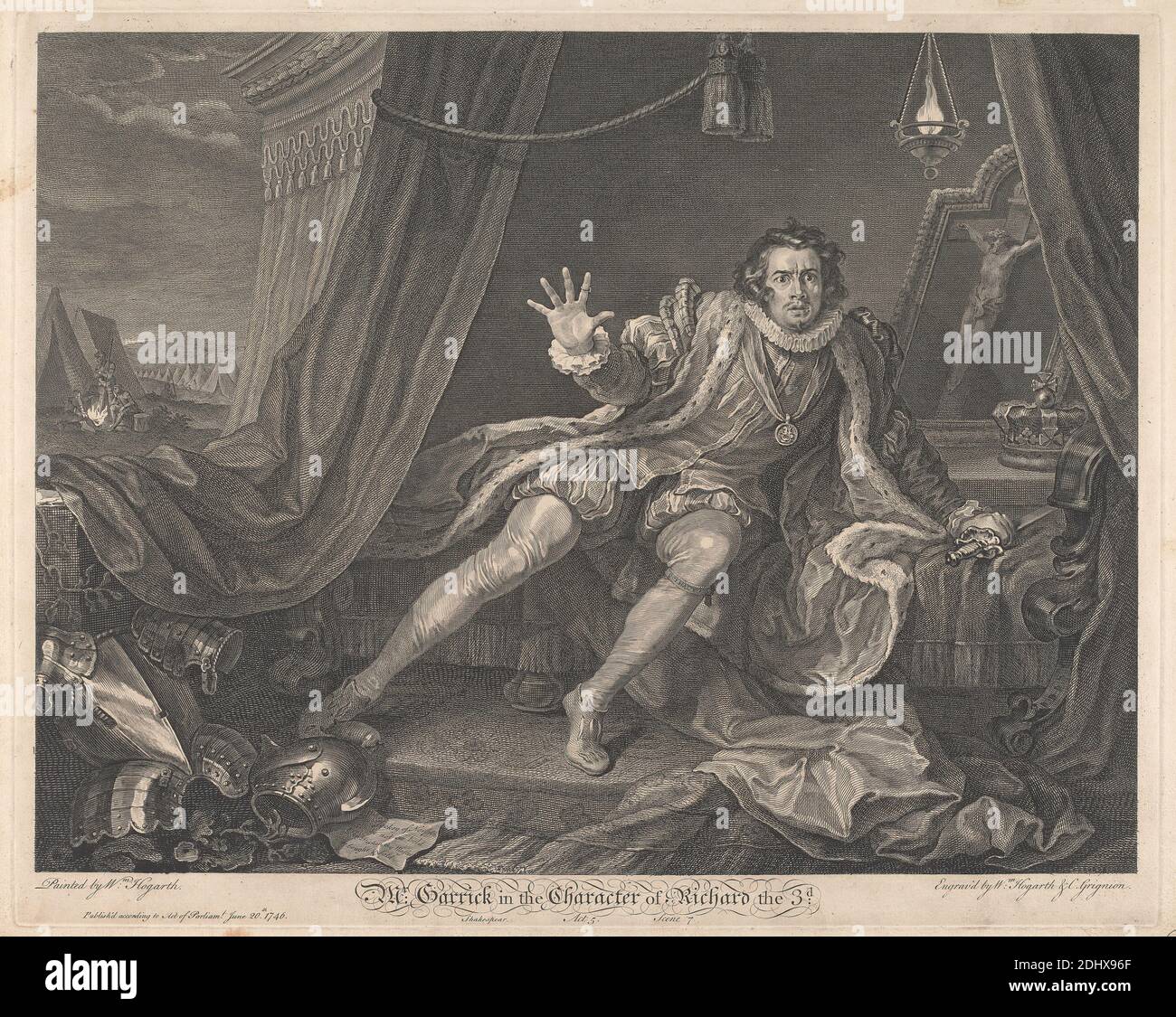 Mr. Garrick in The Character of Richard the Third - 'Richard III', Akt V, Szene VII, William Hogarth, 1697–1764, British, Charles Grignion, 1717–1810, British, after William Hogarth, 1697–1764, British, 1746, Graving, Sheet: 16 1/2 x 10 1/2in. (41.9 x 26,7cm), Rüstung, Kruzifix, Dolch, Angst, literarisches Thema, Militärlager, Richard III., Theaterstück von William Shakespeare, Zelte Stockfoto