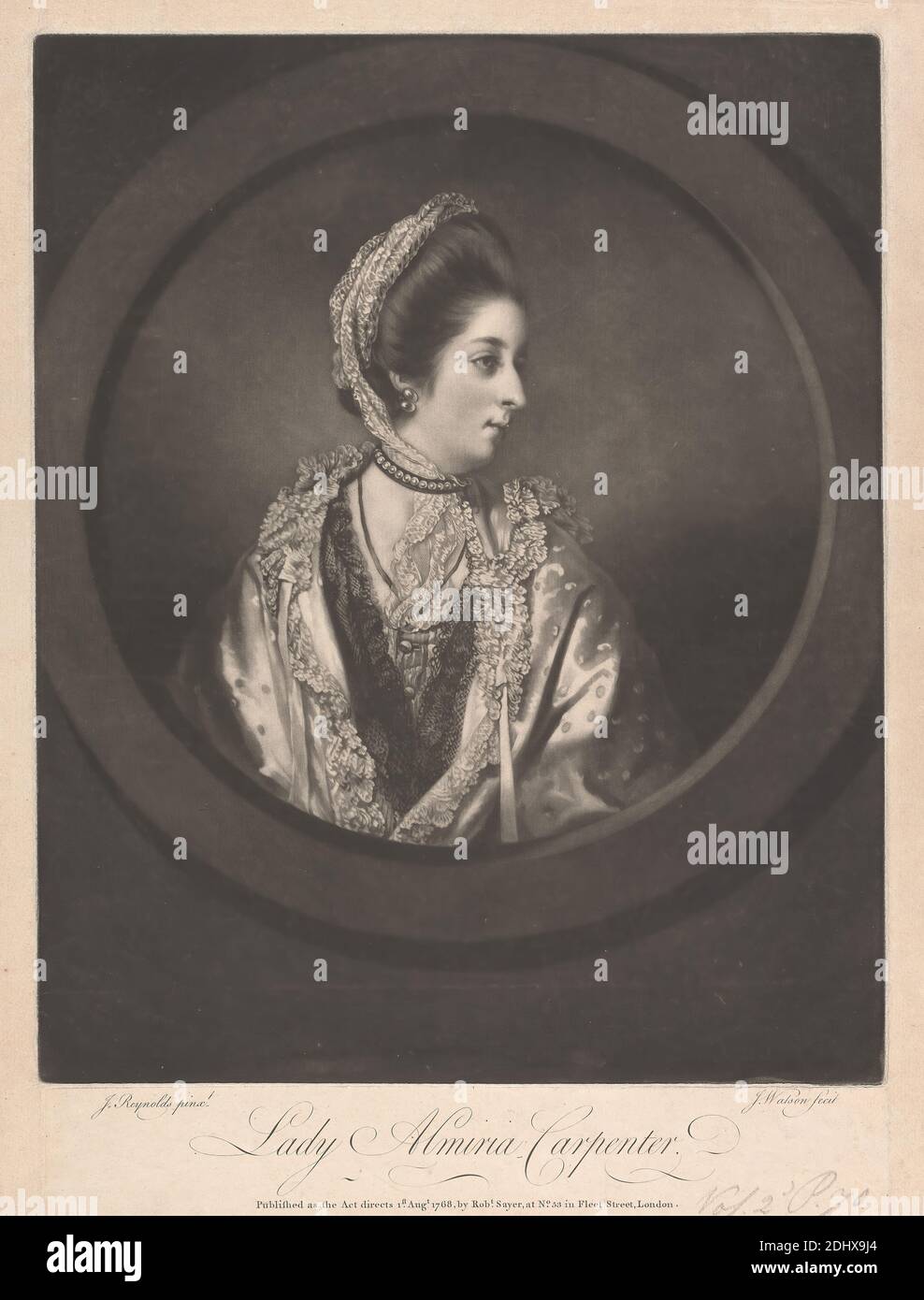 Lady Almiria Carpenter, James Watson, 1740–1790, britisch, nach Sir Joshua Reynolds RA, 1723–1792, britisch, 1768, Mezzotint auf Medium, mäßig strukturiert, beige, gestricktes Papier, Blatt: 16 × 12 1/4 Zoll (40.6 × 31.1 cm) und Bild: 13 5/8 × 11 Zoll (34.6 × 27.9 cm) Stockfoto