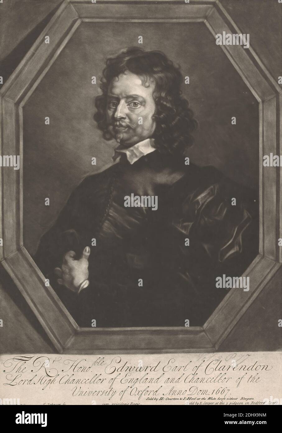 The Right Honourable Edward, Earl of Clarendon, Thomas Johnson, 1651–1685, nach Gilbert Soest, ca. 1600–1681, niederländisch, in Großbritannien aktiv (bis 1657), undatiert, Mezzotint auf Medium, mäßig strukturiert, gebläute weiße, gedeckte Papiere, Blatt: 14 1/16 × 9 13/16 Zoll (35.7 × 24.9 cm) und Bild: 12 3/16 × 9 13/16 Zoll (31 × 24.9 cm) Stockfoto