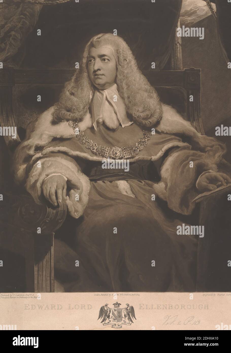 Edward Law, 1. Baron Ellenborough, Charles Turner, 1774–1857, britisch, nach Sir Thomas Lawrence, 1769–1830, britisch, 1809, Mezzotint auf mäßig dick, mäßig strukturiert, beige, Papier gelegt, Blatt: 19 5/8 × 13 7/8 Zoll (49.8 × 35.2 cm) und Bild: 17 1/4 × 13 7/8 Zoll (43.8 × 35.2 cm) Stockfoto