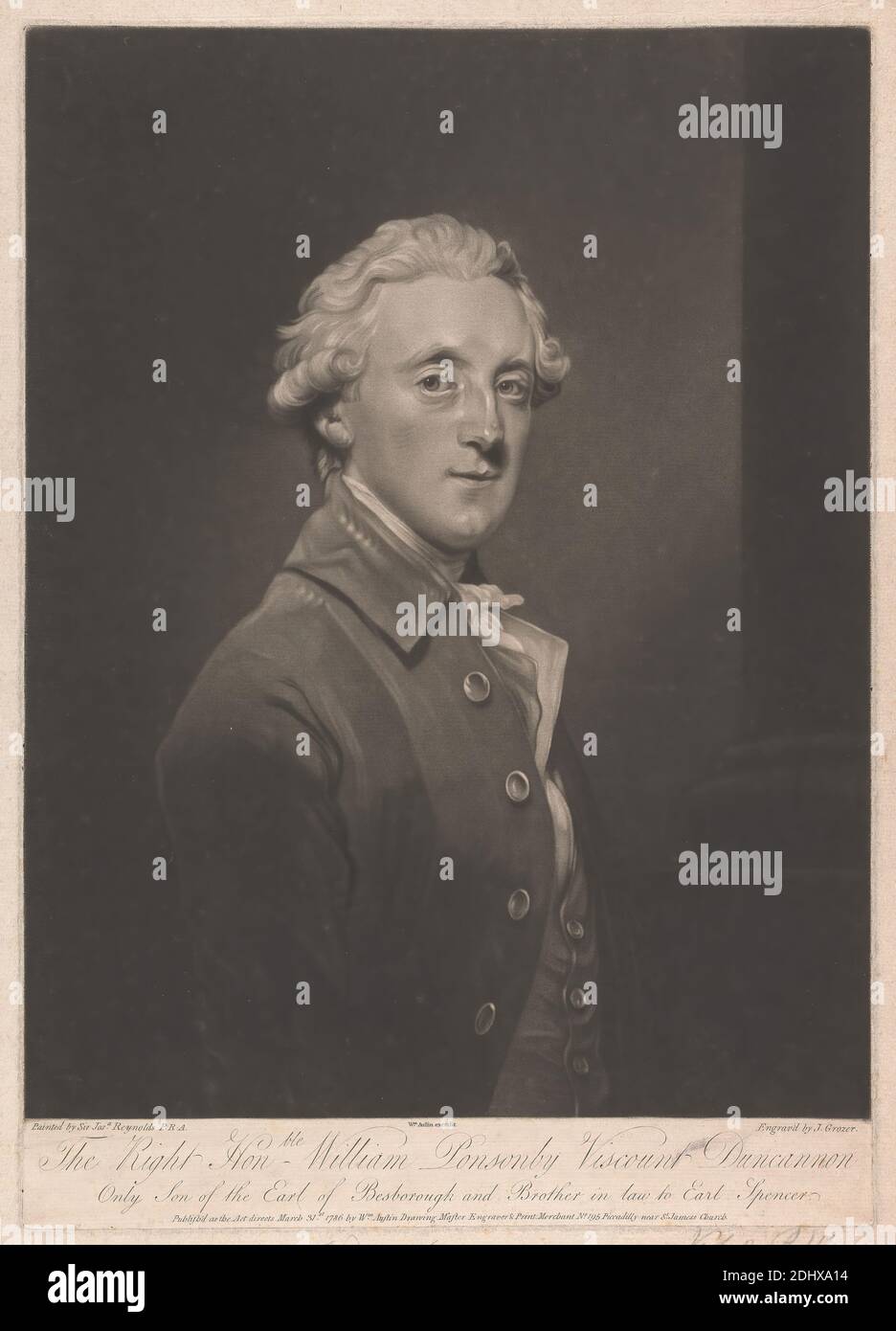 Frederick Ponsonby, Viscount Duncannon, 3. Earl of Bessborough, Joseph Grozer, ca. 1755–1798, britisch, nach Sir Joshua Reynolds RA, 1723–1792, britisch, 1786, Mezzotint auf Medium, mäßig strukturiert, beige, Papier gelegt, Blatt: 16 5/16 × 11 15/16 Zoll (41.4 × 30.3 cm), Platte: 15 1/2 × 10 15/16 Zoll (39.4 × 27.8 cm), und Bild: 15 1/16 × 10 15/16 Zoll (38.3 × 27.8 cm Stockfoto