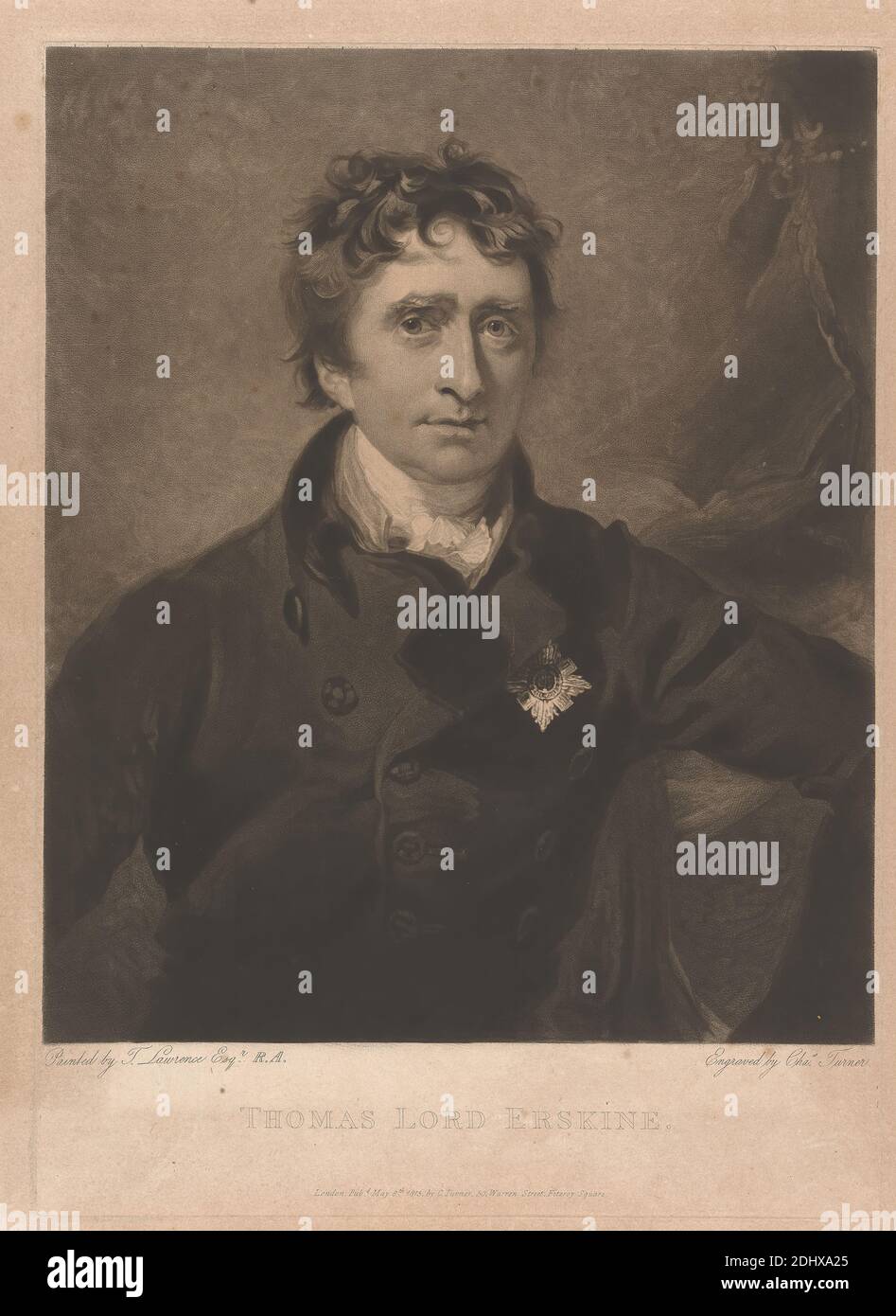 Thomas Erskine, 1. Baron Erskine, Charles Turner, 1774–1857, britisch, nach Sir Thomas Lawrence, 1769–1830, britisch, 1815, Mezzotint auf mäßig dick, mäßig strukturiert, beige, Papier gelegt, Blatt: 15 3/16 × 11 3/4 Zoll (38.6 × 29.8 cm), Platte: 14 1/16 × 10 1/8 Zoll (35.7 × 25.7 cm), und Bild: 12 × 10 Zoll (30.5 × 25.4 cm Stockfoto