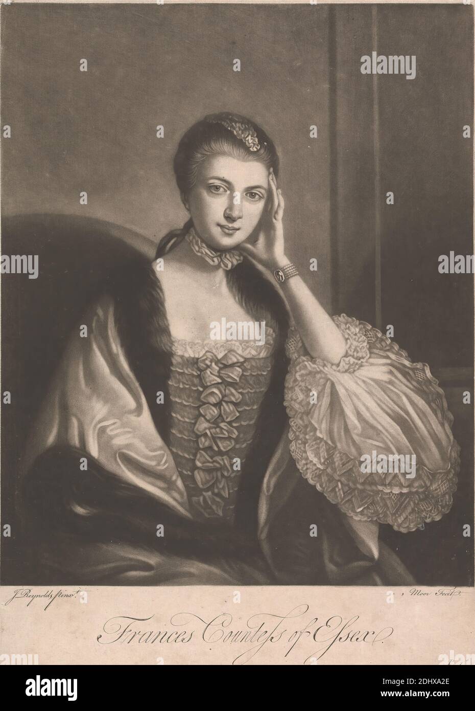 Frances Capell (geb. Hanbury-Williams), Gräfin von Essex, Moor, nach Sir Joshua Reynolds RA, 1723–1792, British, ca. 1757, Mezzotint auf mäßig dickem, leicht strukturiertem, beigefarbenem Papier, Blatt: 14 × 10 1/16 Zoll (35.6 × 25.6 cm) und Bild: 12 1/8 × 9 7/8 Zoll (30.8 × 25.1 cm) Stockfoto