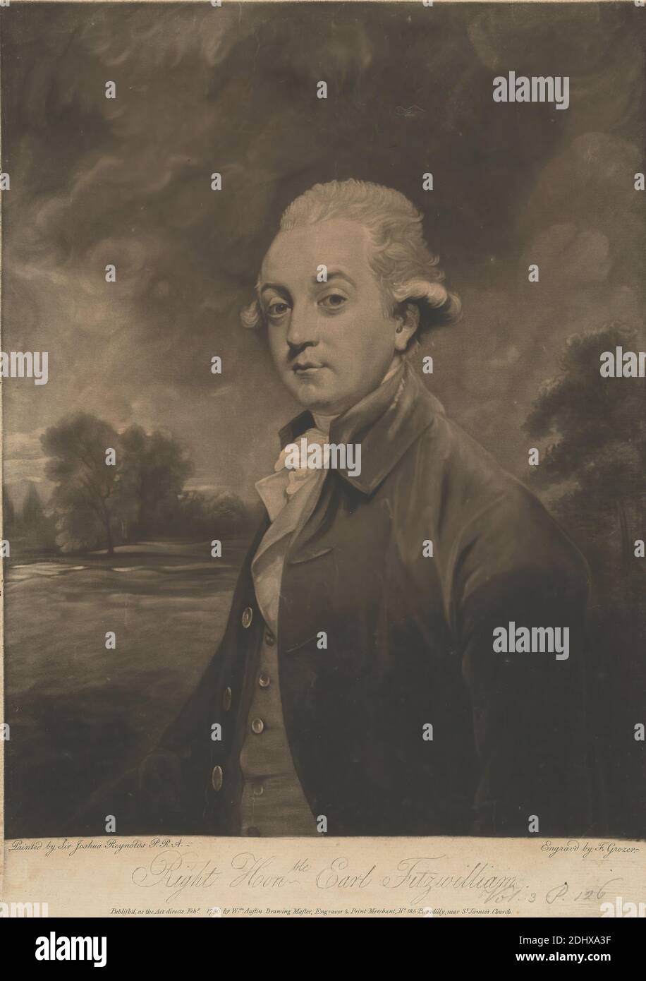 William Wenworth-Fitzwilliam, 4. Earl Fitzwilliam, Joseph Grozer, ca. 1755–1798, britisch, nach Sir Joshua Reynolds RA, 1723–1792, britisch, 1786, Mezzotint auf Medium, leicht strukturiert, beige, Papier gelegt, Blatt: 15 5/8 × 11 1/8 Zoll (39.7 × 28.3 cm) und Bild: 14 1/8 × 10 15/16 Zoll (35.9 × 27.8 cm) Stockfoto