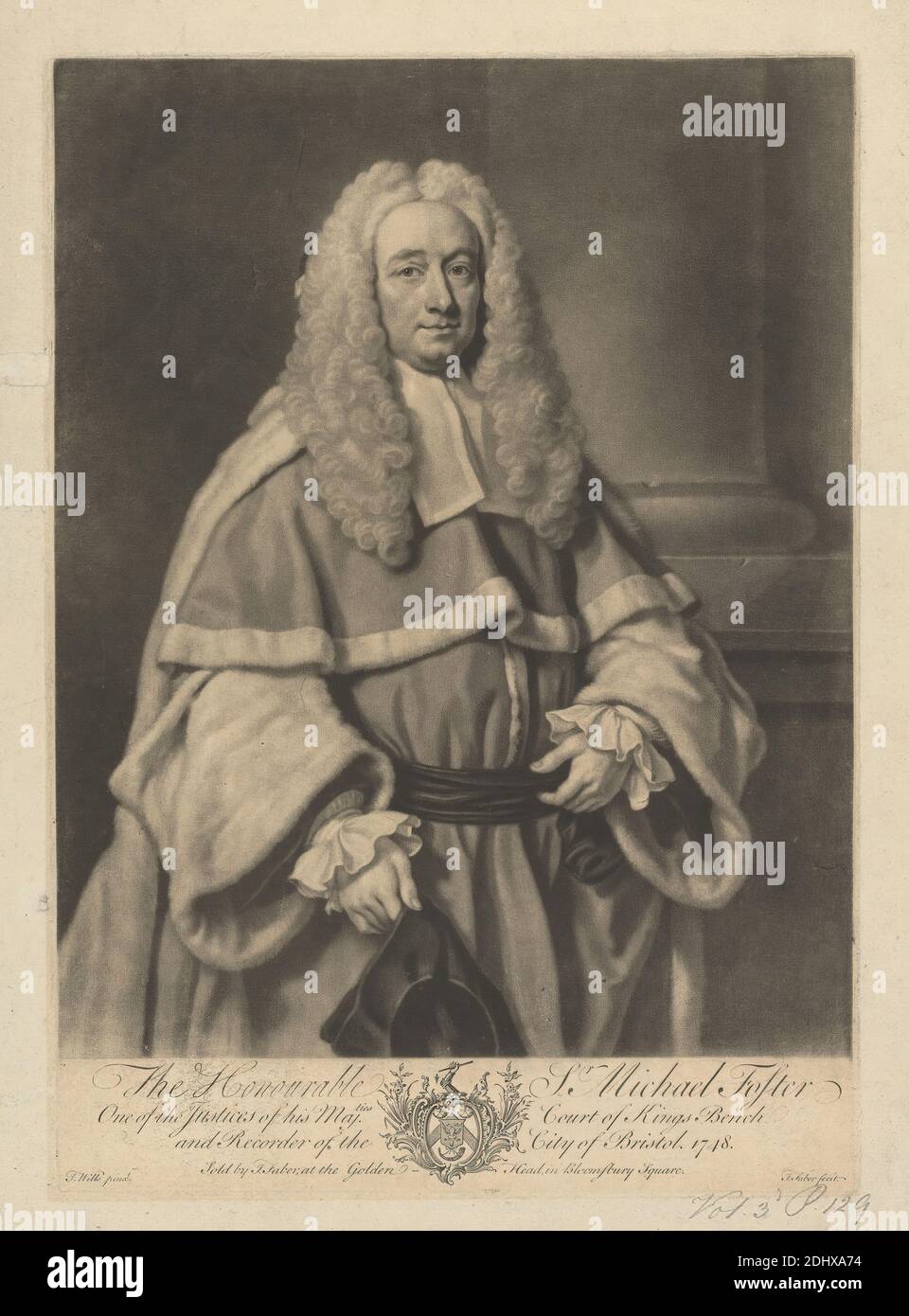 Sir Michael Foster, John Faber der Jüngere, ca. 1695–1756, Niederländisch, in Großbritannien aktiv, nach James Wills, aktiv 1740–gestorben 1777, Britisch, 1748, Mezzotint auf mäßig dick, leicht strukturiert, creme, Papier gelegt, Blatt: 15 1/4 × 11 3/8 Zoll (38.7 × 28.9 cm), Teller: 14 × 9 7/8 Zoll (35.6 × 25.1 cm), und Bild: 12 1/4 × 9 3/4 Zoll (31.1 × 24.8 cm Stockfoto