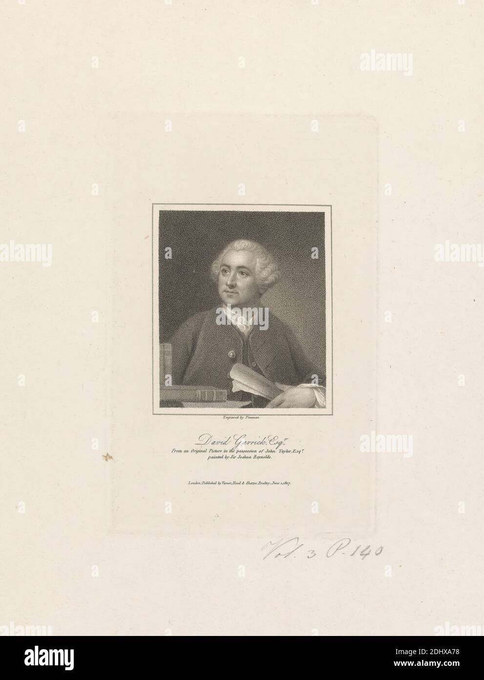 David Garrick Esq., Samuel Freeman, 1773–1857, britisch, nach Sir Joshua Reynolds RA, 1723–1792, britisch, 1807, Stiche auf mäßig dickem, leicht strukturiertem, cremefarbenem, gewobenen Papier, Blatt: 10 3/4 × 8 1/4 Zoll (27.3 × 21 cm), Platte: 7 × 4 1/2 Zoll (17.8 × 11.4 cm) und Bild: 3 1/4 × 2 13/16 Zoll (8.3 × 7.1 cm), Hochformat Stockfoto