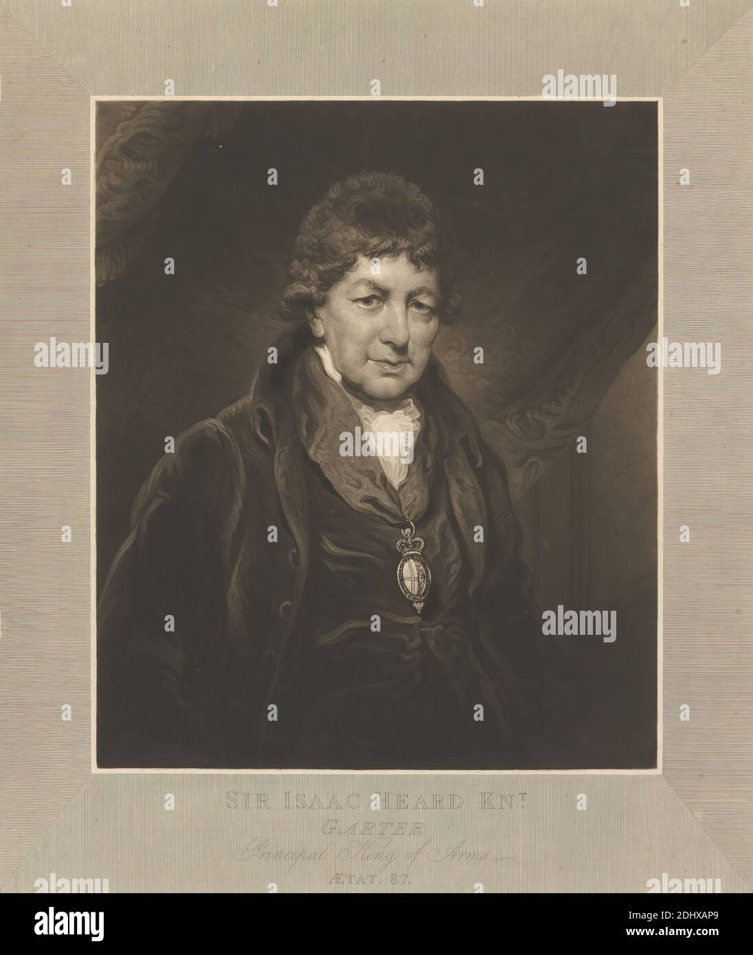 Sir Isaac Heard, Charles Turner, 1774–1857, britisch, nach Arthur William Devis, 1762–1822, britisch, 1817, Mezzotint auf Medium, leicht strukturiert, beige, Papier gelegt, Blatt: 16 7/8 × 13 15/16 Zoll (42.9 × 35.4 cm) und Bild: 11 3/4 × 9 7/8 Zoll (29.8 × 25.1 cm) Stockfoto