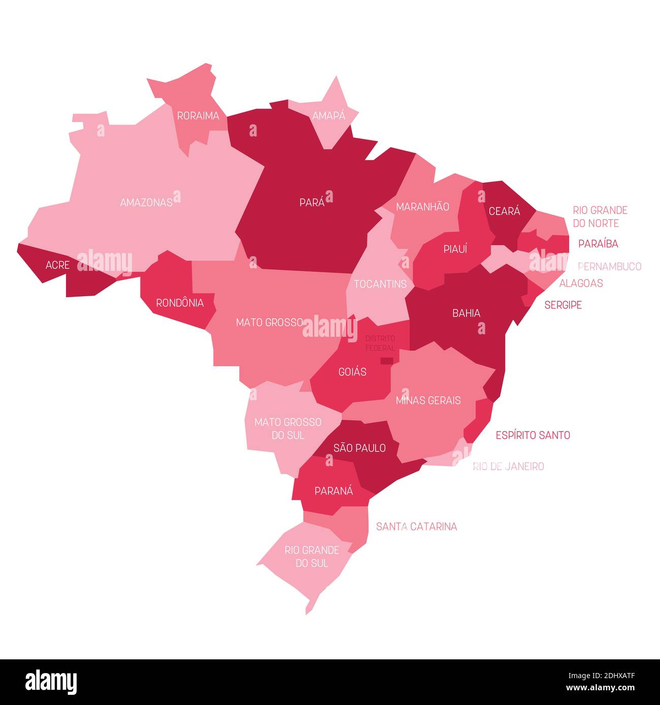 Rosa politische Karte von Brasilien. Verwaltungsabteilungen - Staaten. Einfache flache Vektorkarte mit Beschriftungen. Stock Vektor