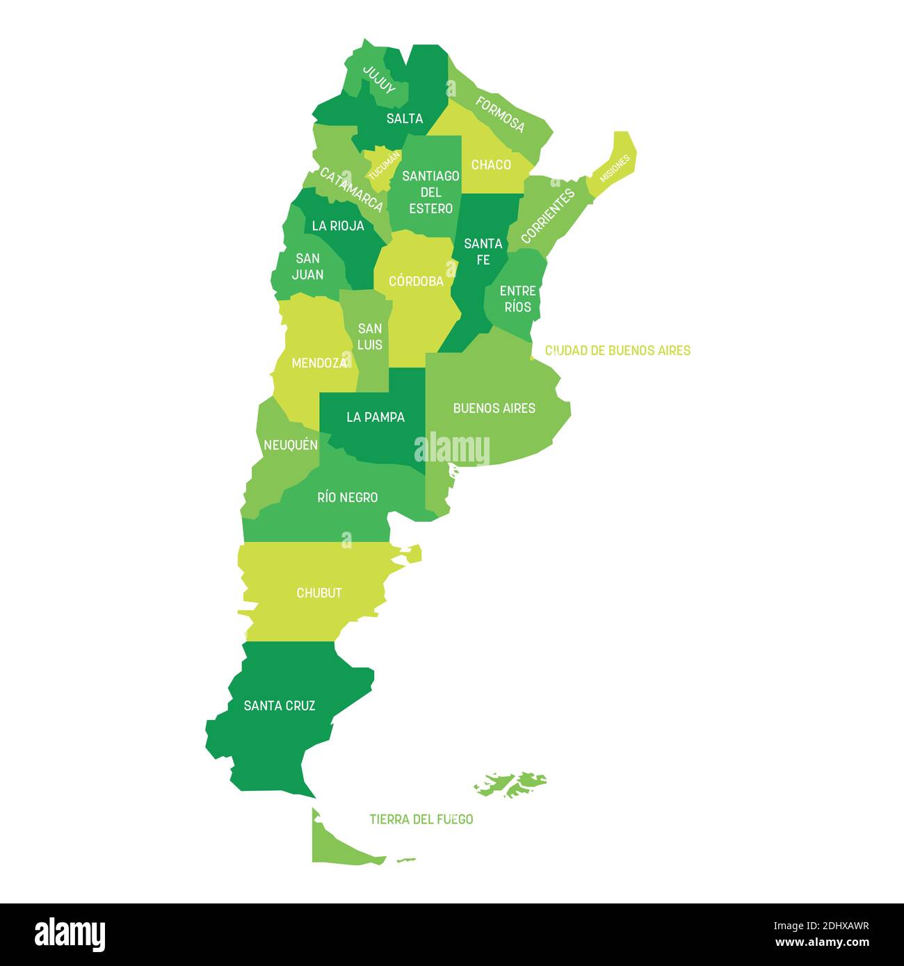 Grüne politische Landkarte von Argentinien. Verwaltungsabteilungen - Provinzen. Einfache flache Vektorkarte mit Beschriftungen. Stock Vektor