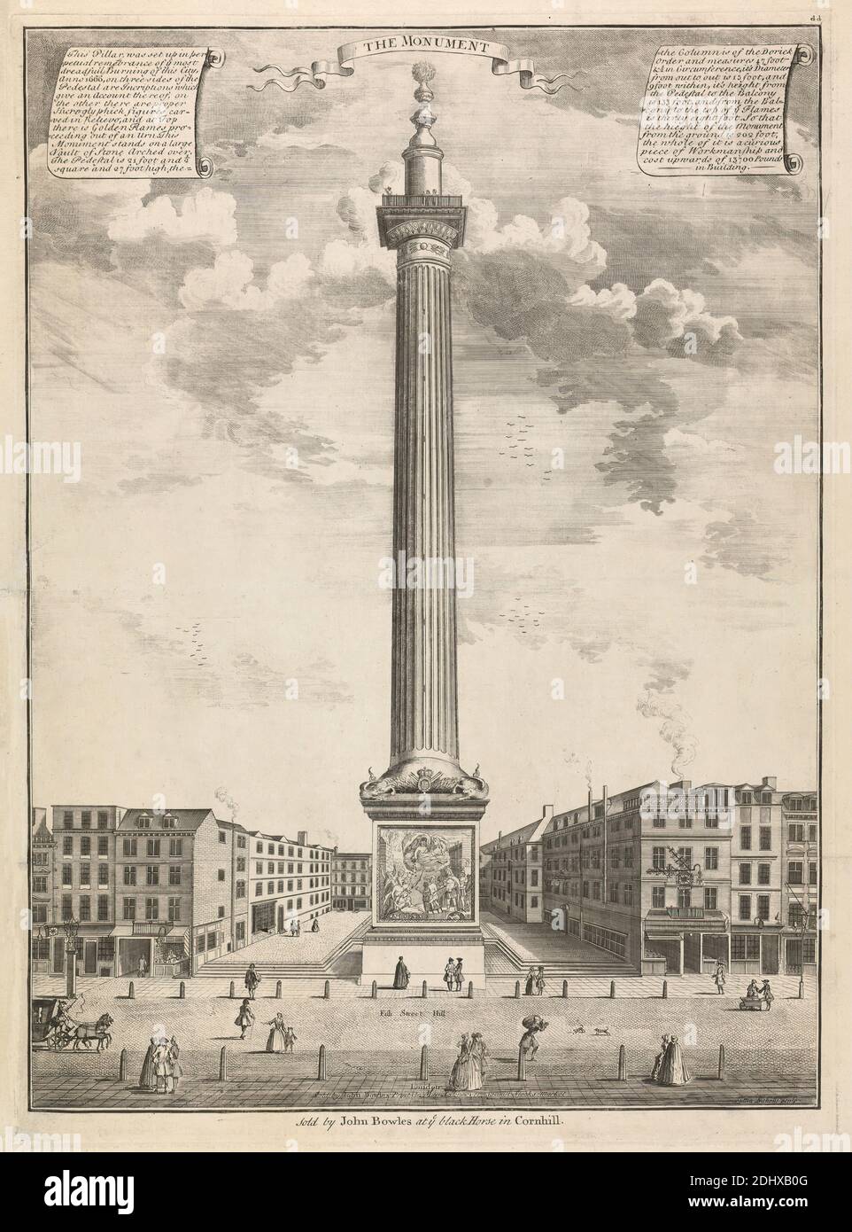 The Monument, Sutton Nicholls, aktiv 1725, britisch, 1731-1748, Gravur, architektonisches Subjekt, Kutsche, Pferde (Tiere), Denkmal, Fußgänger, London Stockfoto