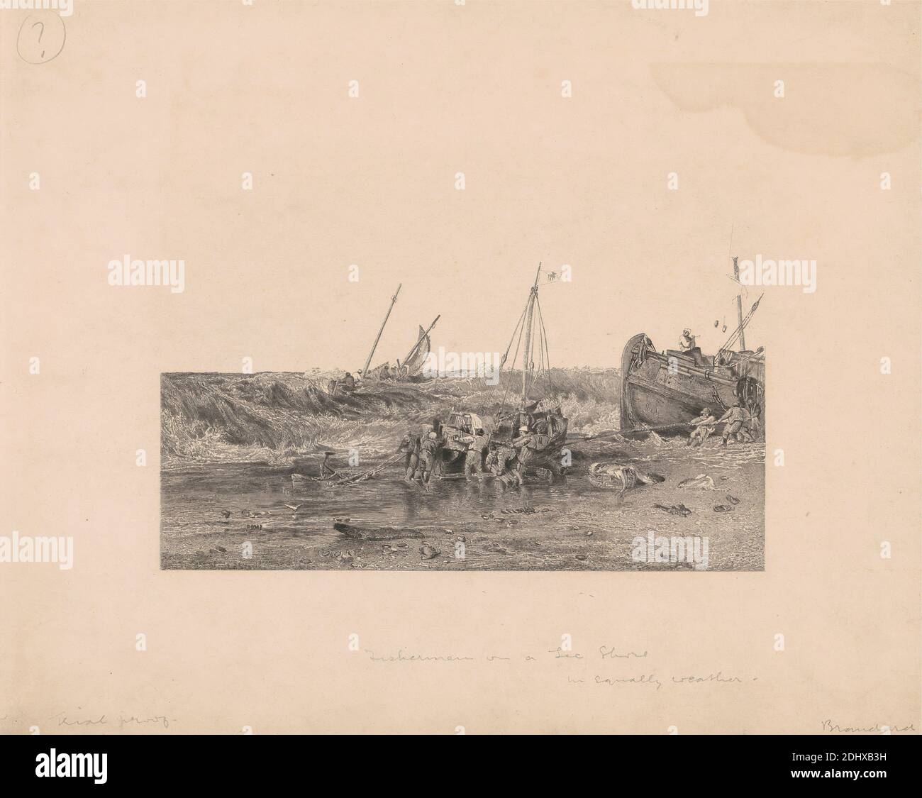Küstenszene mit Fischern, die ein Boot an Land schleppen, Druck von Edward P. Brandard, 1819–1898, britisch, nach Joseph Mallord William Turner, 1775–1851, britisch, undatiert, Strichgravur, Probeproof Stockfoto