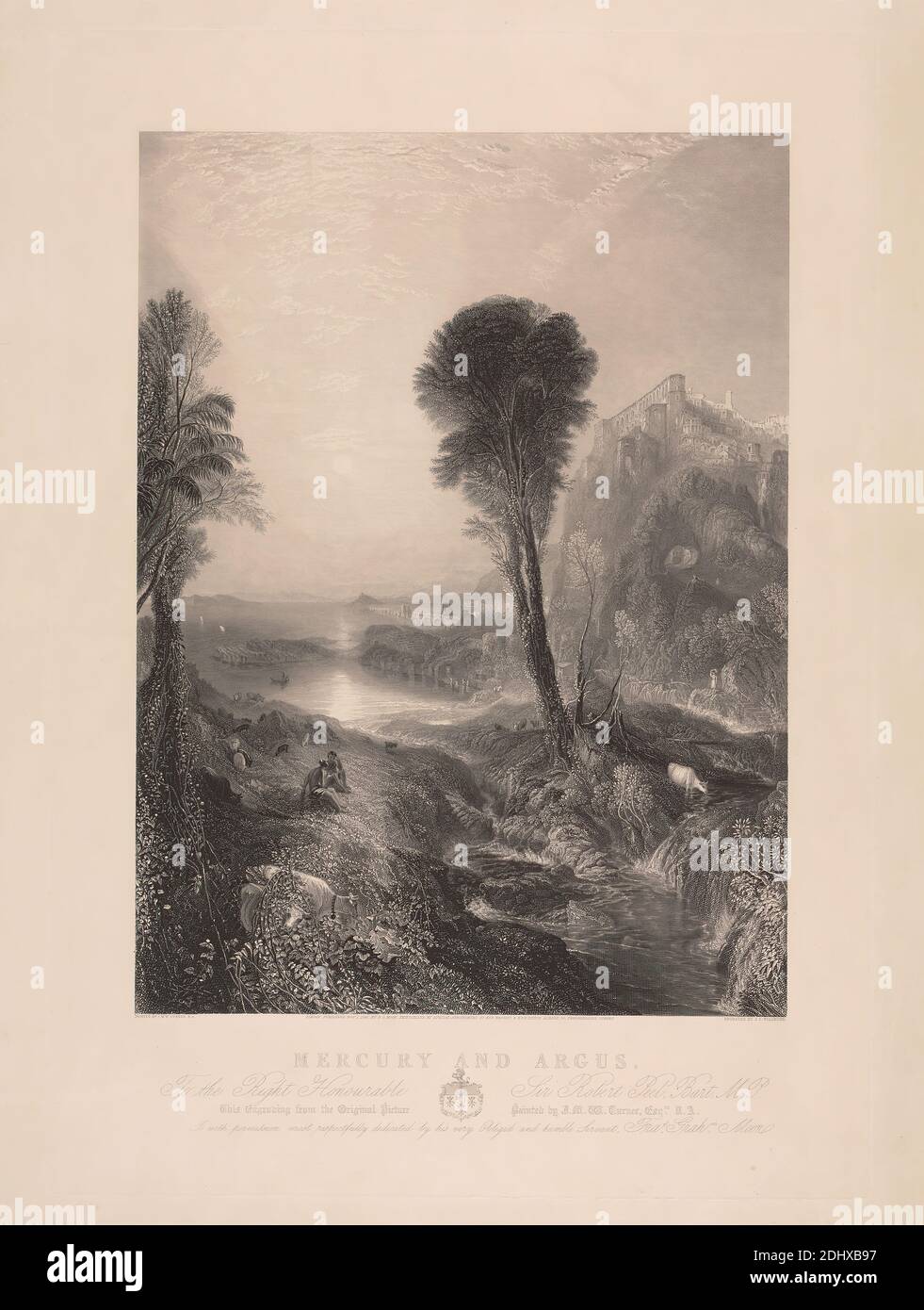 Merkur und Argus, Druck von James T. Willmore, 1800–1863, britisch, nach Joseph Mallord William Turner, 1775–1851, britisch, 1841, Radierung und Strichgravur; vierter Zustand auf mäßig dickem, leicht strukturiertem, cremefarbenen Wove-Papier, Blatt: 29 5/8 × 22 1/2 cm (57.2 × 75.2 Zoll), Platte: 27 1/8 × 19 1/4 Zoll (68.9 × 48.9 cm), und Bild: 20 5/8 × 15 1/4 Zoll (52.4 × 38.7 cm), Architektur, Brücke, Klippe, Landschaft, Vieh, Reflexion, religiöse und mythologische Thema, Sonne, Bäume, Wasser, Wasserfall Stockfoto