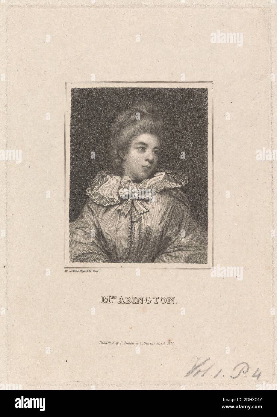 Mrs. Frances Abington, (geb. Barton), unbekannte Künstlerin, nach Sir Joshua Reynolds RA, 1723–1792, British, 1814, Mezzotint auf Medium, leicht strukturiert, cremefarben, webtes Papier, Blatt: 9 1/8 × 5 13/16 Zoll (23.2 × 14.8 cm), Platte: 6 11/16 × 4 3/4 Zoll (17 × 12.1 cm), und Bild: 3 1/8 × 2 1/2 Zoll (7.9 × 6.4 cm), Schauspielerin, Performance, Porträt, Bühne, Theater (Disziplin), Frau Stockfoto