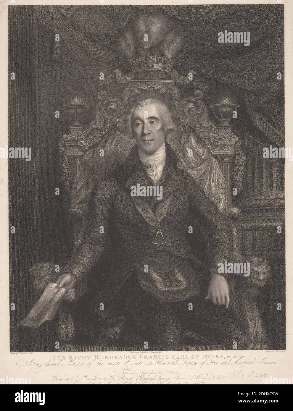 Francis Rawdon-Hastings, 1. Marquess of Hastings, Sir Edwin Henry Landseer, 1802–1873, britisch, nach Francesco Bartolozzi RA, 1728–1815, italienisch, in Großbritannien tätig (1764–99), nach John Hoppner, 1758–1810, britisch, 1793–1816, Stippelgravur auf dickem, mäßig strukturiertem, cremefarbenem, gewobtem Papier, Blatt: 21 × 16 Zoll (53.3 × 40.6 cm) und Bild: 18 5/8 × 14 7/8 Zoll (47.3 × 37.8 cm), Krone, Federn, Girlanden, Löwen, Militärkunst, Porträt, Thron Stockfoto