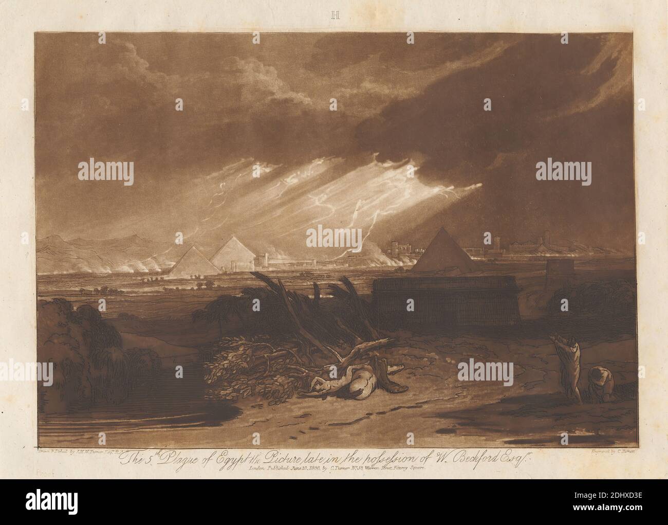 The Fifth Plague of Egypt, geätzt von Joseph Mallord William Turner, 1775–1851, britisch, gestochen von Charles Turner, 1774–1857, britisch, nach Joseph Mallord William Turner, 1775–1851, britisch, 1808, Radierung und Mezzotinta, gedruckt in brauner Tinte Erstveröffentlichung auf Medium, leicht strukturiert, cremefarbenes Papier, Blatt: 8 × 11 1/8 Zoll (20.3 × 28.3 cm), Bild: 7 1/8 × 10 1/8 Zoll (18.1 × 25.7 cm), und Mount: 10 3/4 × 15 Zoll (27.3 × 38.1 cm), Wolken, Krankheit, Landschaft, Blitz, Meteorologie, Alte Testament, Menschen, Pest, Pyramiden, religiöse und mythologische Thema, Wissenschaft, Sturm, die Stockfoto